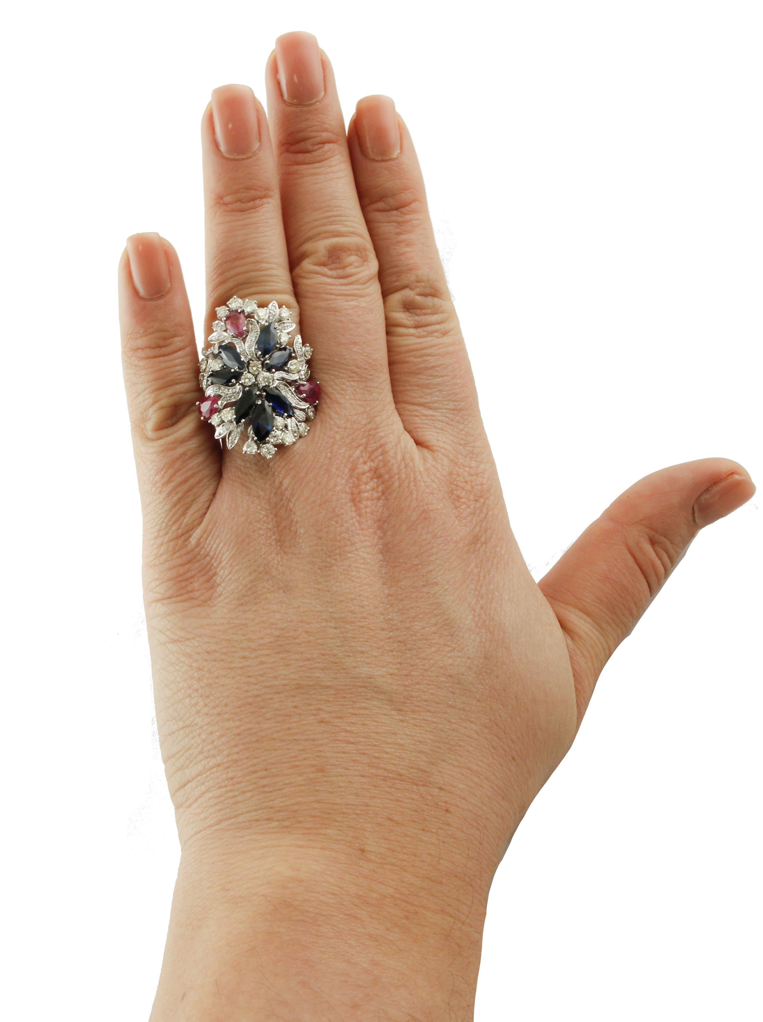 Mixed Cut 5.56 Carat Rubies Blue Sapphires 1.87 Carat Diamonds White Gold Fashion Ring