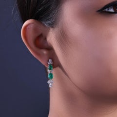 5.56 Ct Diamond With Zambian Emerald Earrings  18k White Gold Dangle Earrings