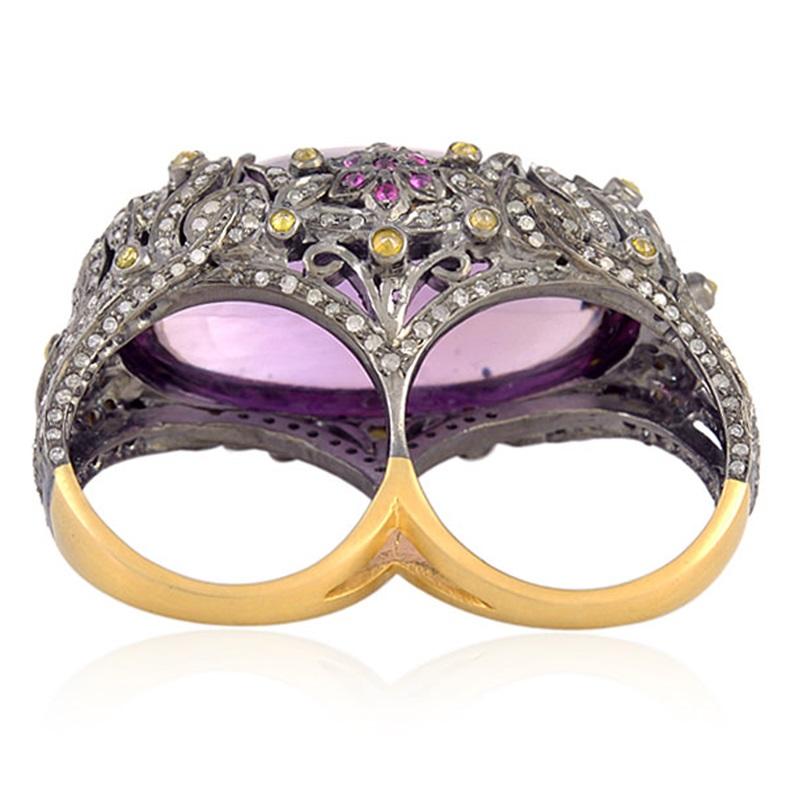 Contemporary 55.60ct Marquise Shaped Amethyst Cocktail Ring With Ruby & Dianonds For Sale