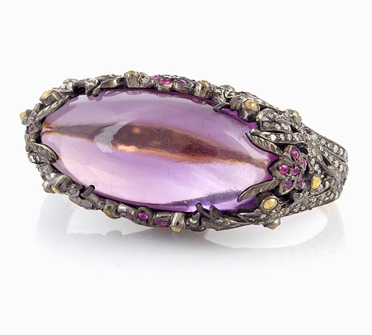 Mixed Cut 55.60ct Marquise Shaped Amethyst Cocktail Ring With Ruby & Dianonds For Sale