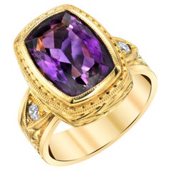 5.57 Carat Amethyst and Diamond Handmade Yellow Gold Engraved Bezel Band Ring
