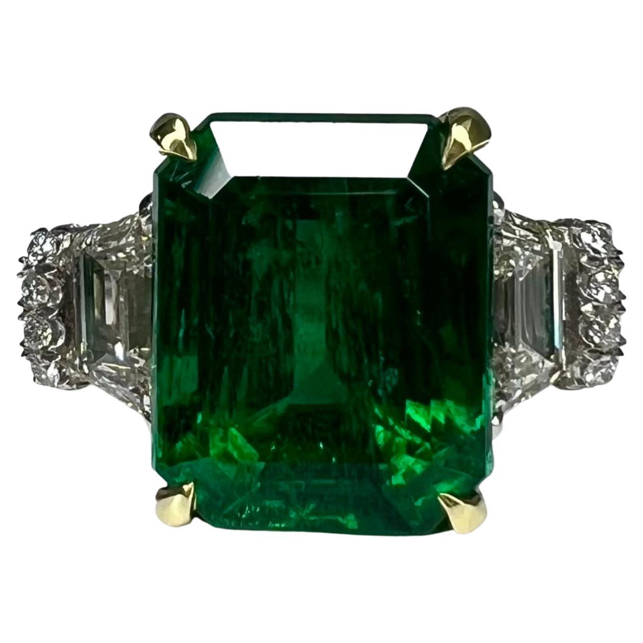 5.57 Carat Emerald Three Stone Ring, Platinum, G-VS Diamonds