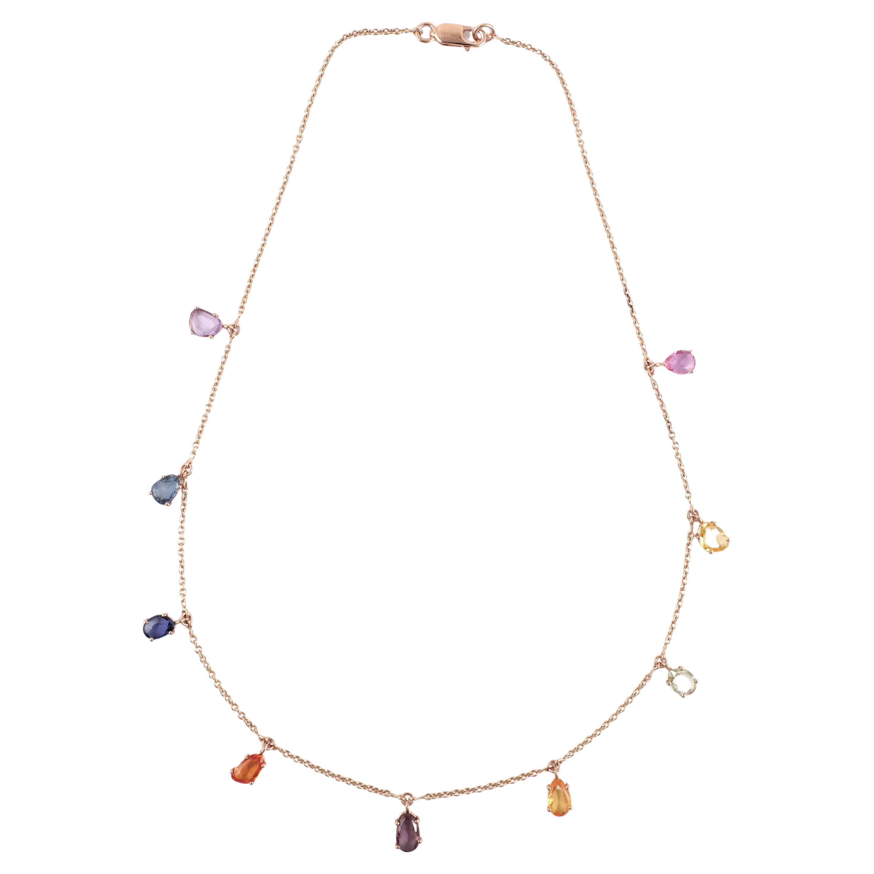 5.57 Carat Multi-Colors Rainbow Sapphires Chain Necklace in 18k Rose Gold For Sale
