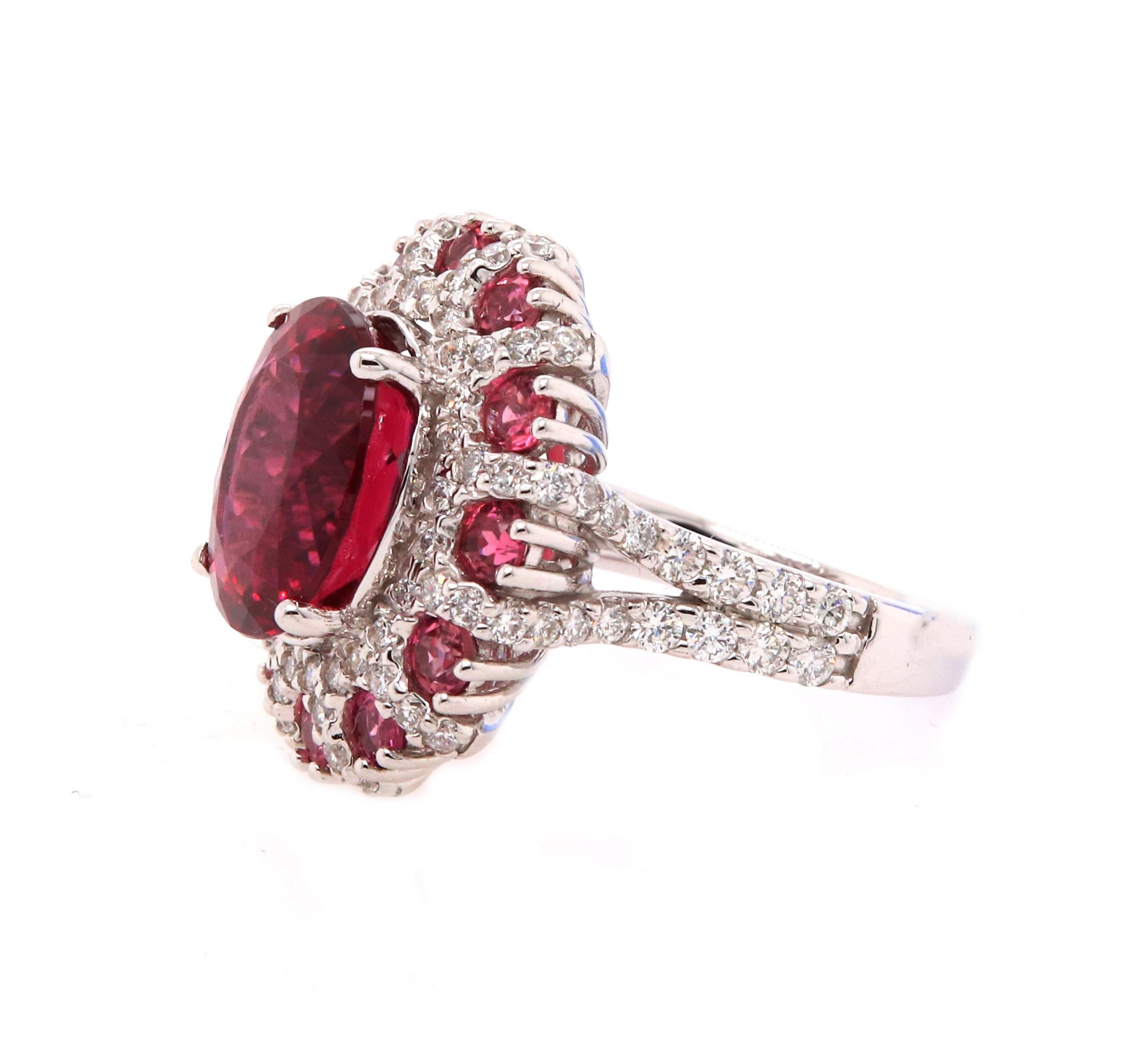 Contemporary 5.57 Carat Oval Rubellite, Pink Tourmaline and Diamond Ring