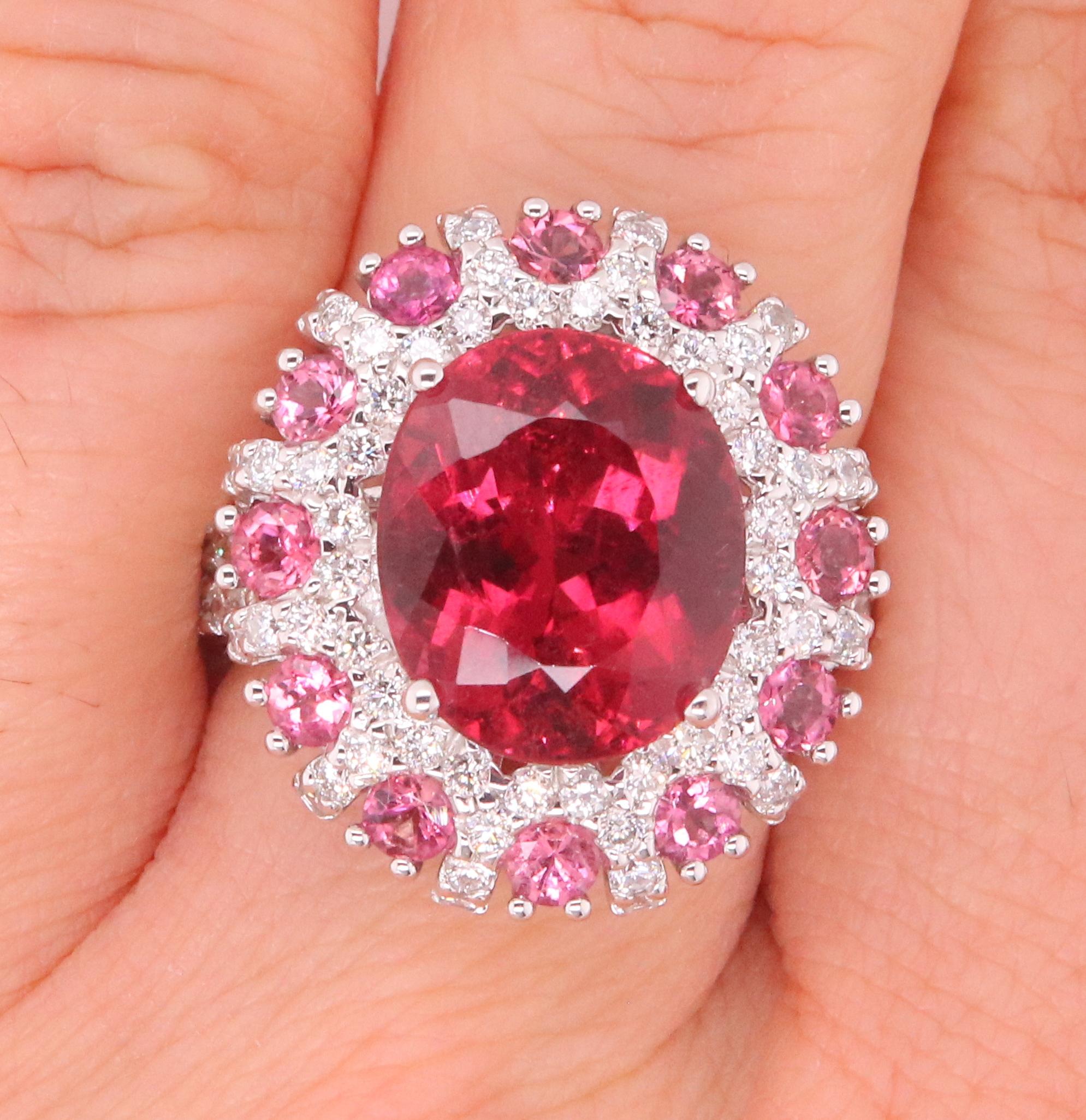 5.57 Carat Oval Rubellite, Pink Tourmaline and Diamond Ring In New Condition In GREAT NECK, NY