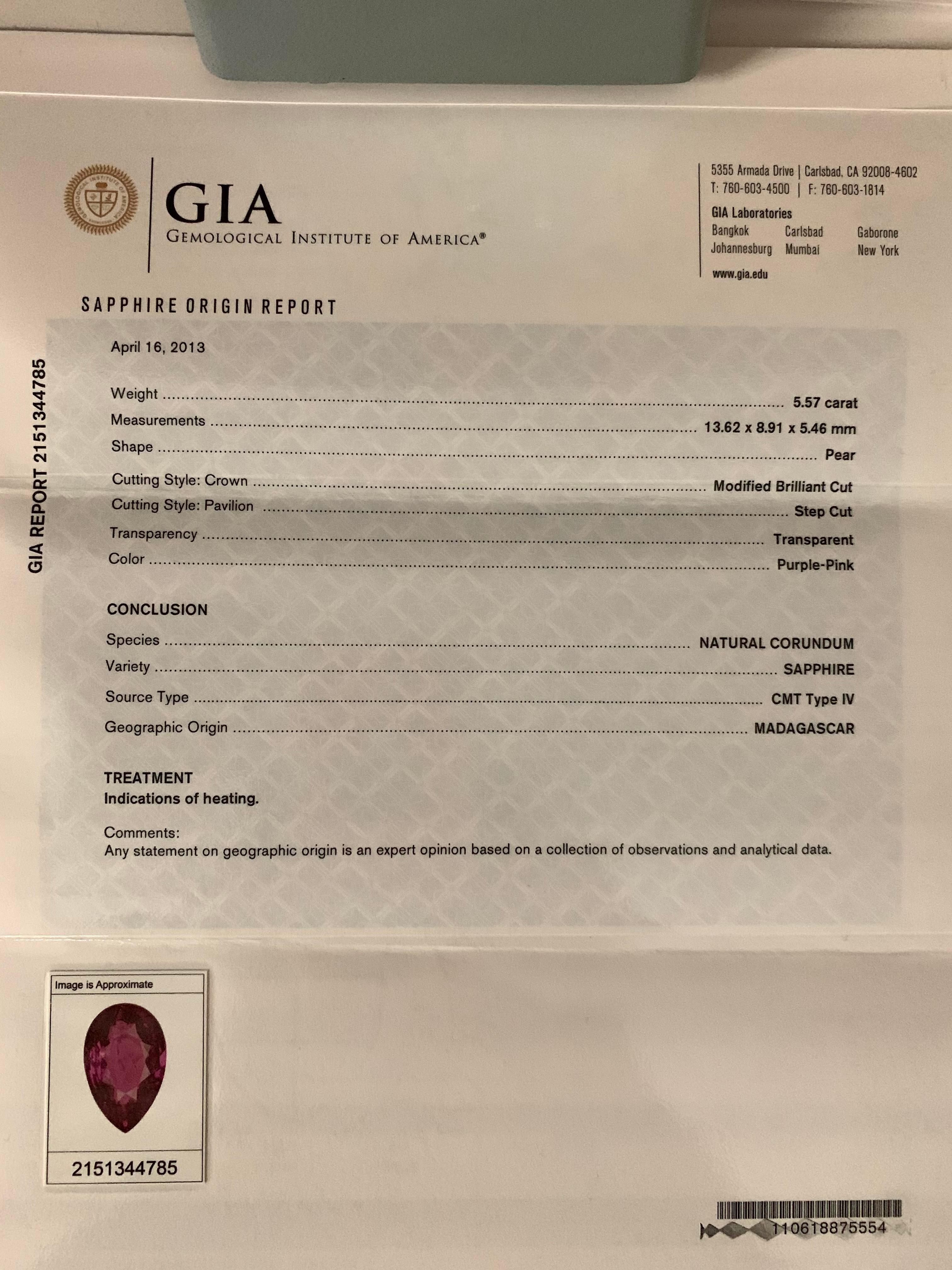 5,57 Karat birnenförmiger rosa Saphir, nicht gefasster loser Edelstein, GIA zertifiziert für Damen oder Herren