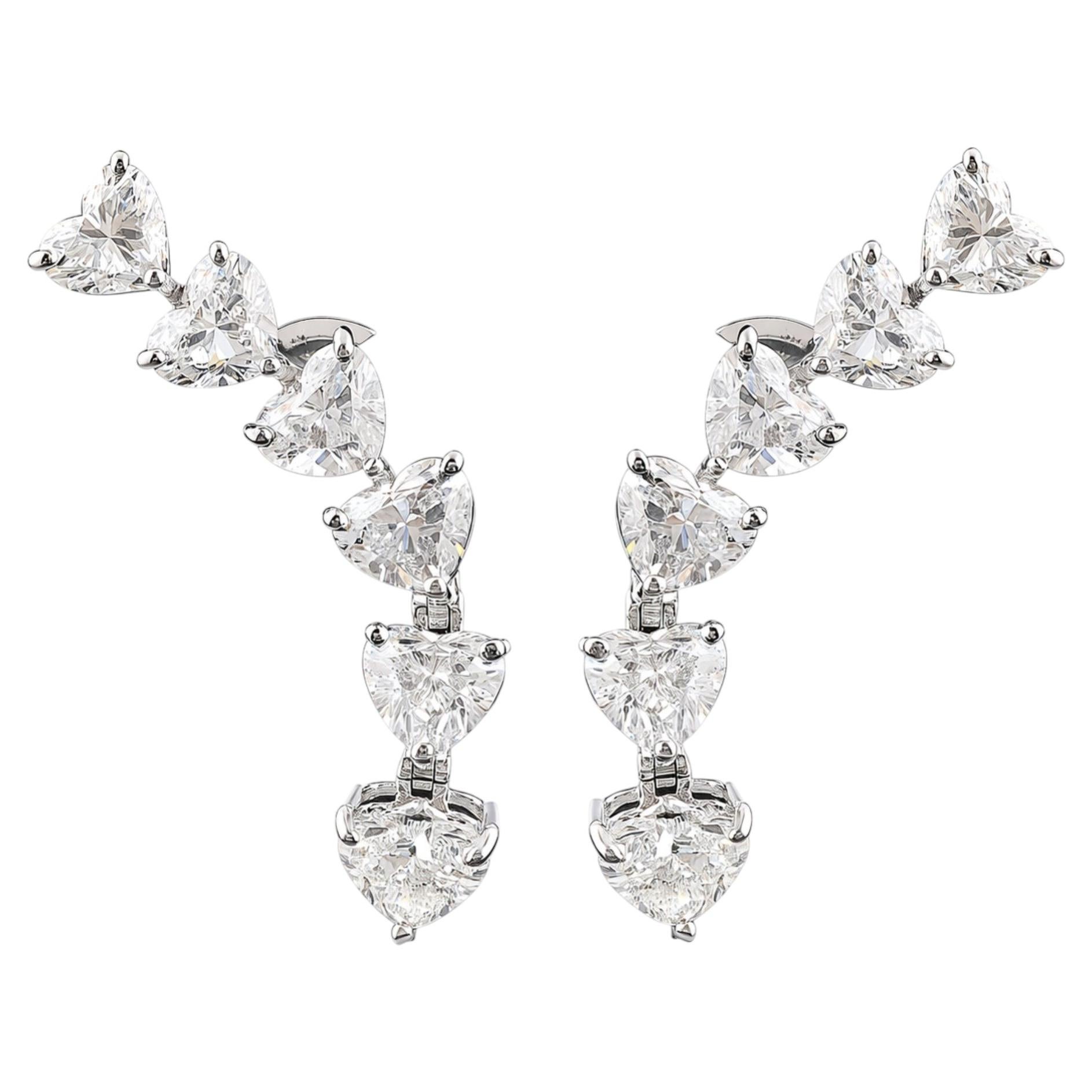 5.57 Ct Heart Cut Certified Diamond Climber Drop Earrings 14k White Gold