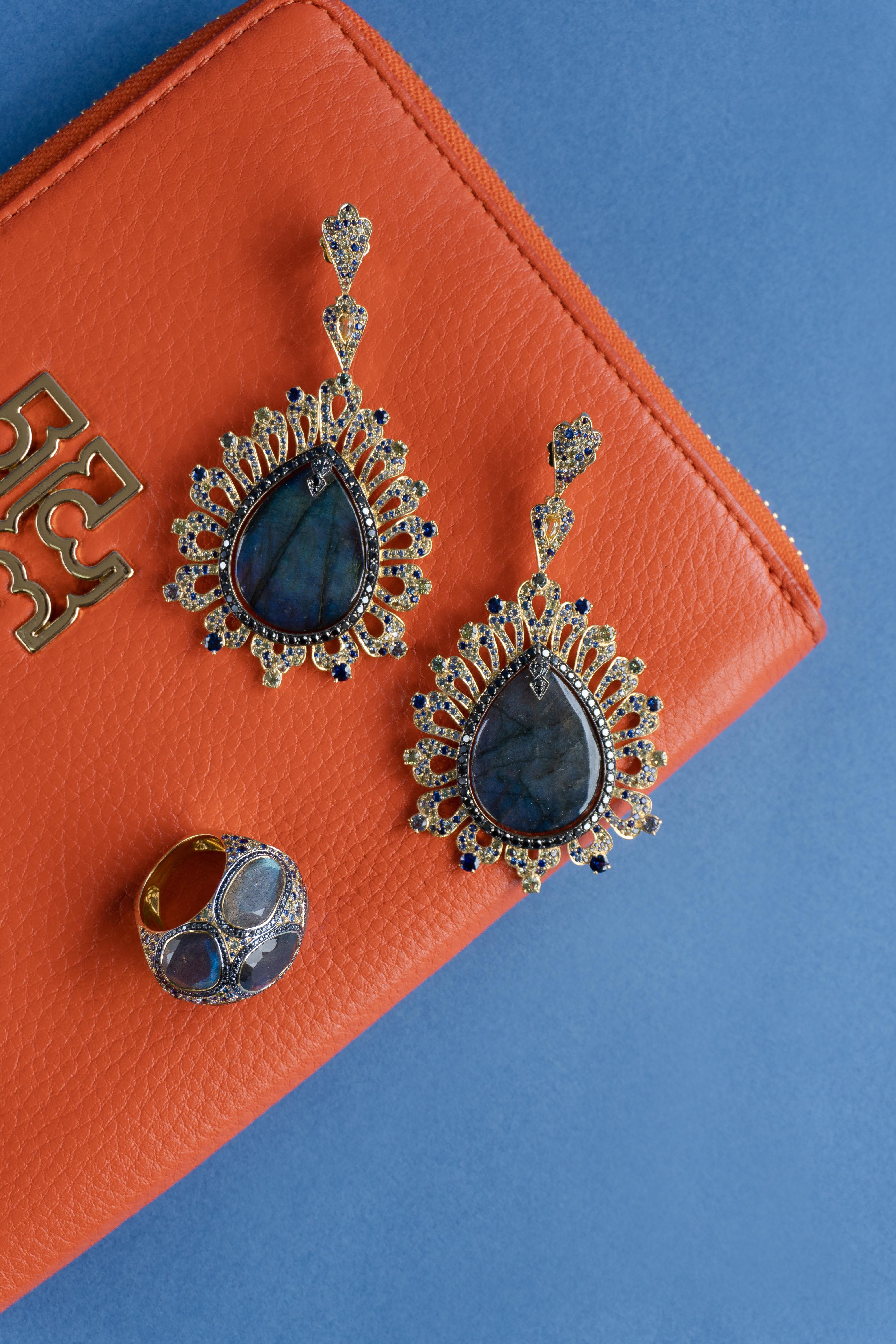 Pear Cut 55.76 Carat Labradorite Colored Sapphire and Black Diamond Earring