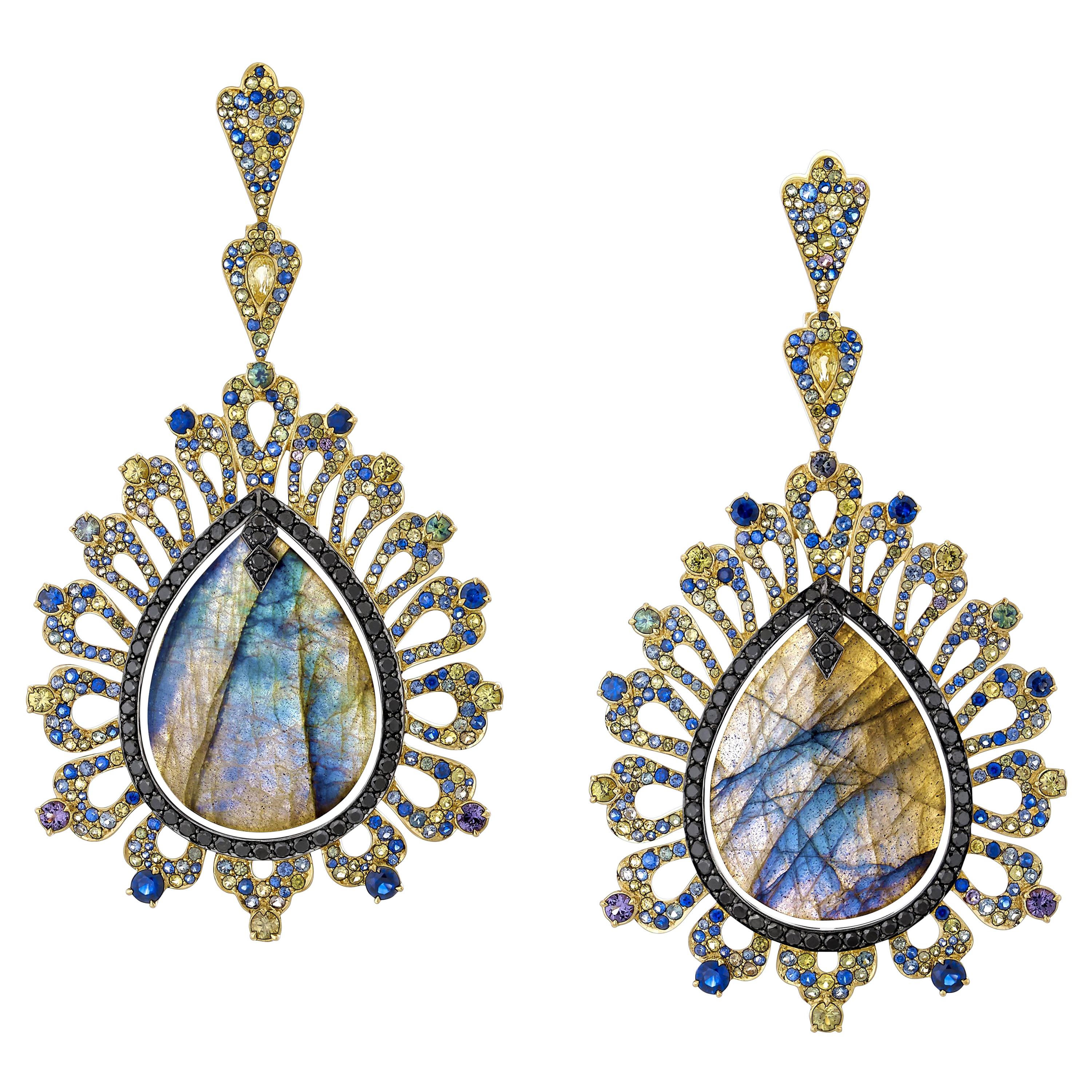 55.76 Carat Labradorite Colored Sapphire and Black Diamond Earring