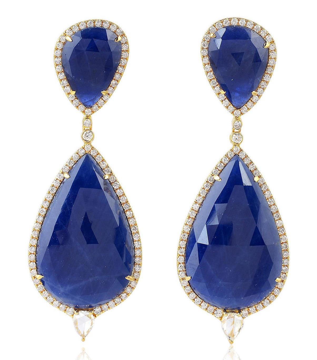 Rose Cut 55.76 Carat Sapphire Diamond 18 Karat Gold Earrings For Sale