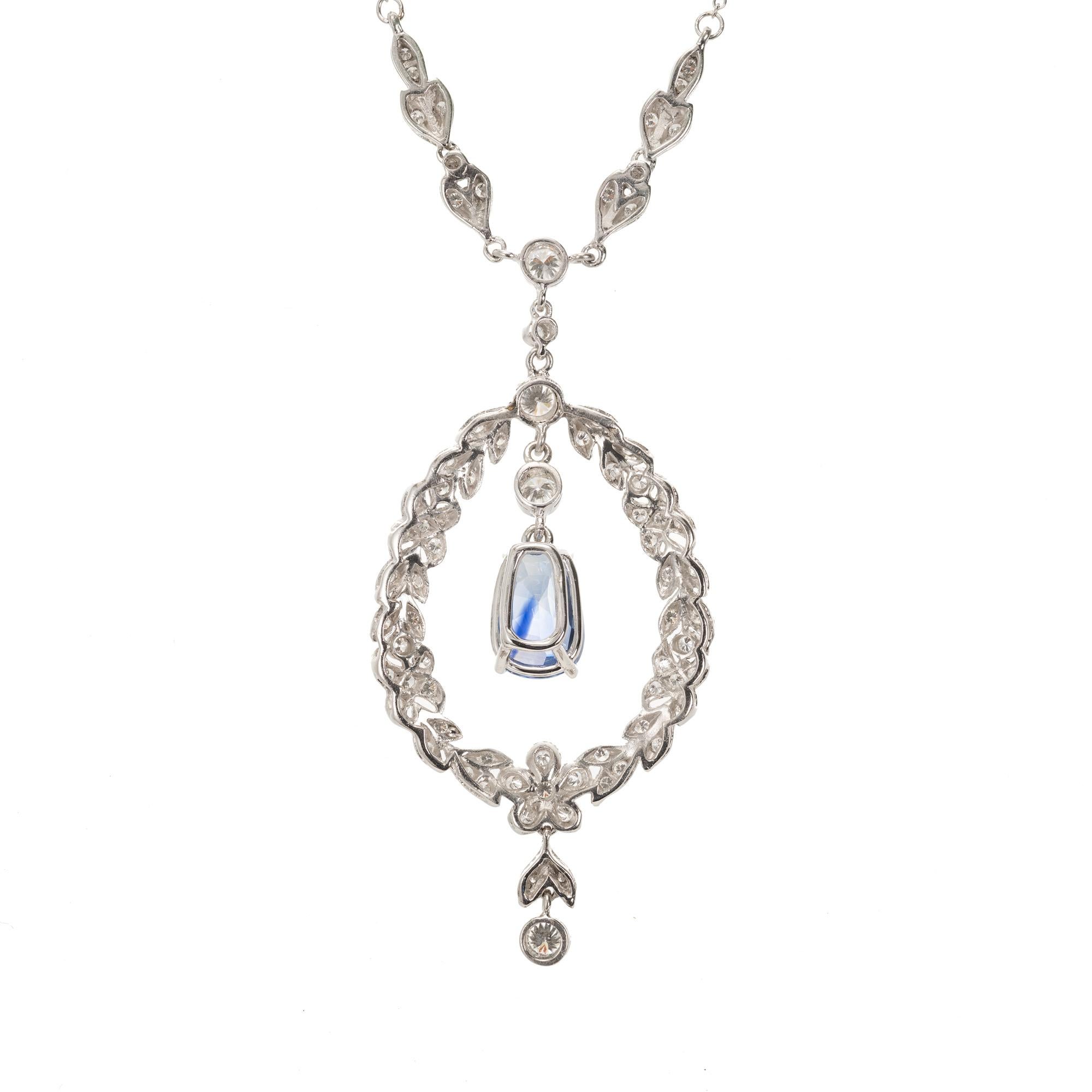 5.58 Carat Edwardian Natural Blue Sapphire Diamond Platinum Pendant Necklace In Excellent Condition In Stamford, CT