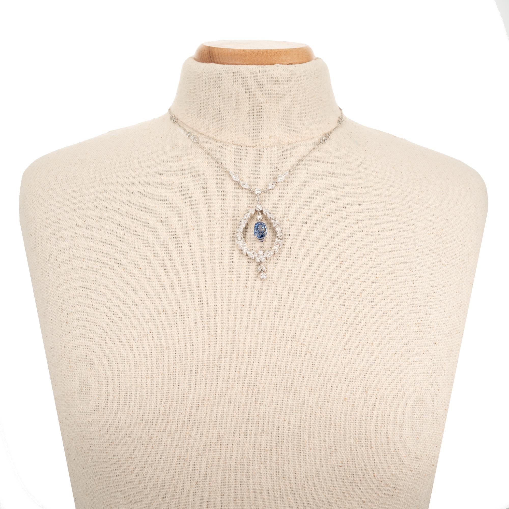 Women's 5.58 Carat Edwardian Natural Blue Sapphire Diamond Platinum Pendant Necklace