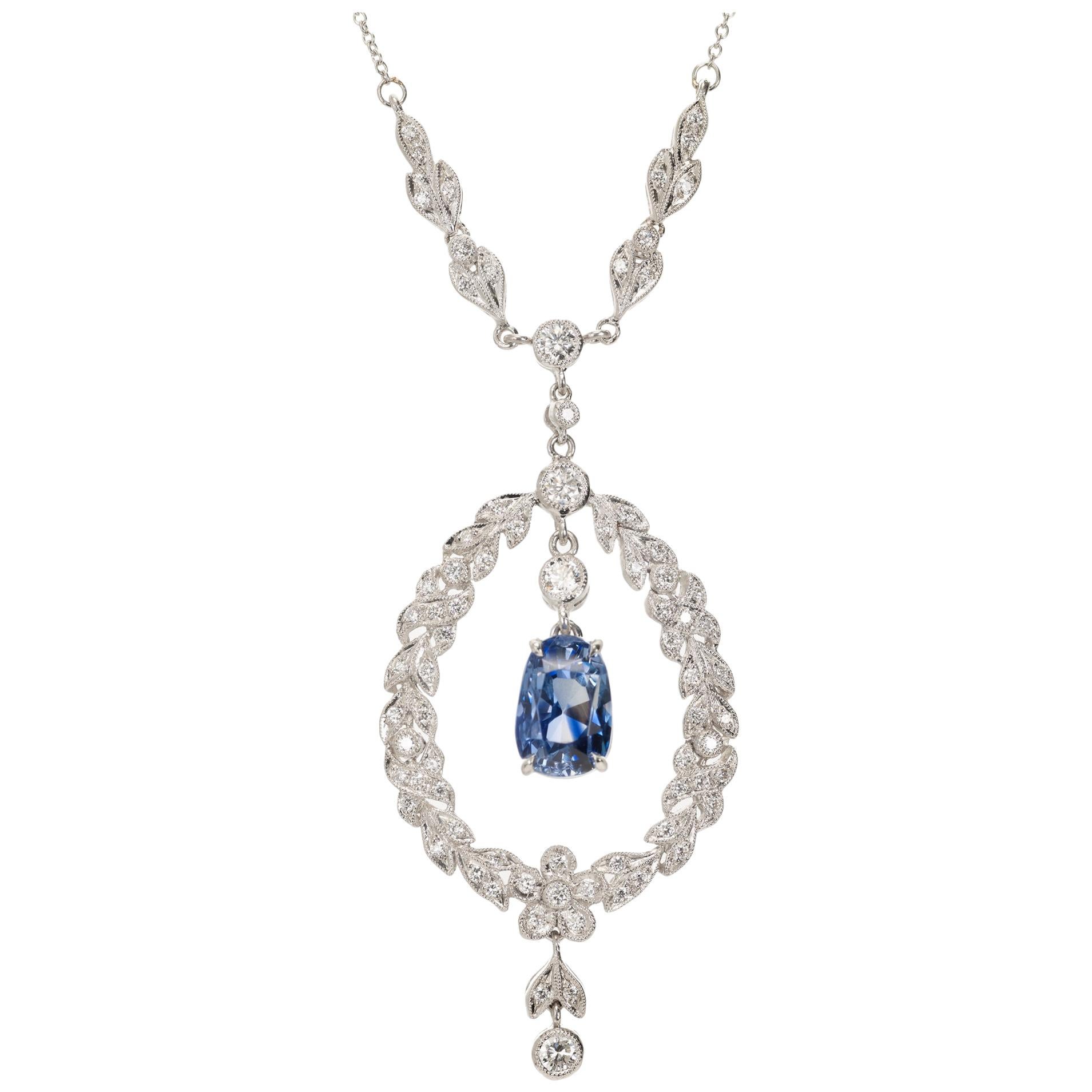 5.58 Carat Edwardian Natural Blue Sapphire Diamond Platinum Pendant Necklace