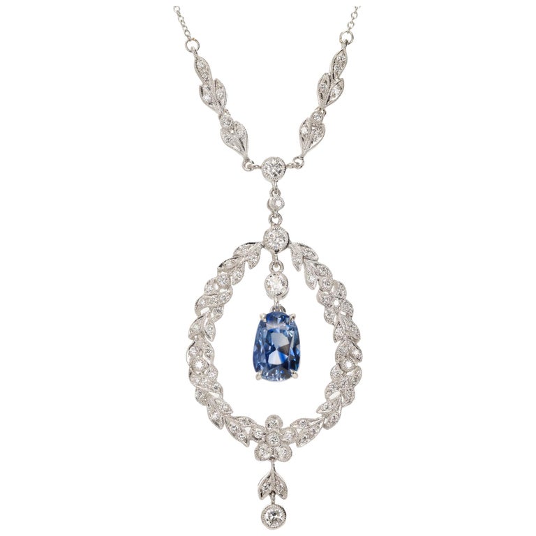 5.58 Carat Edwardian Natural Blue Sapphire Diamond Platinum Pendant ...