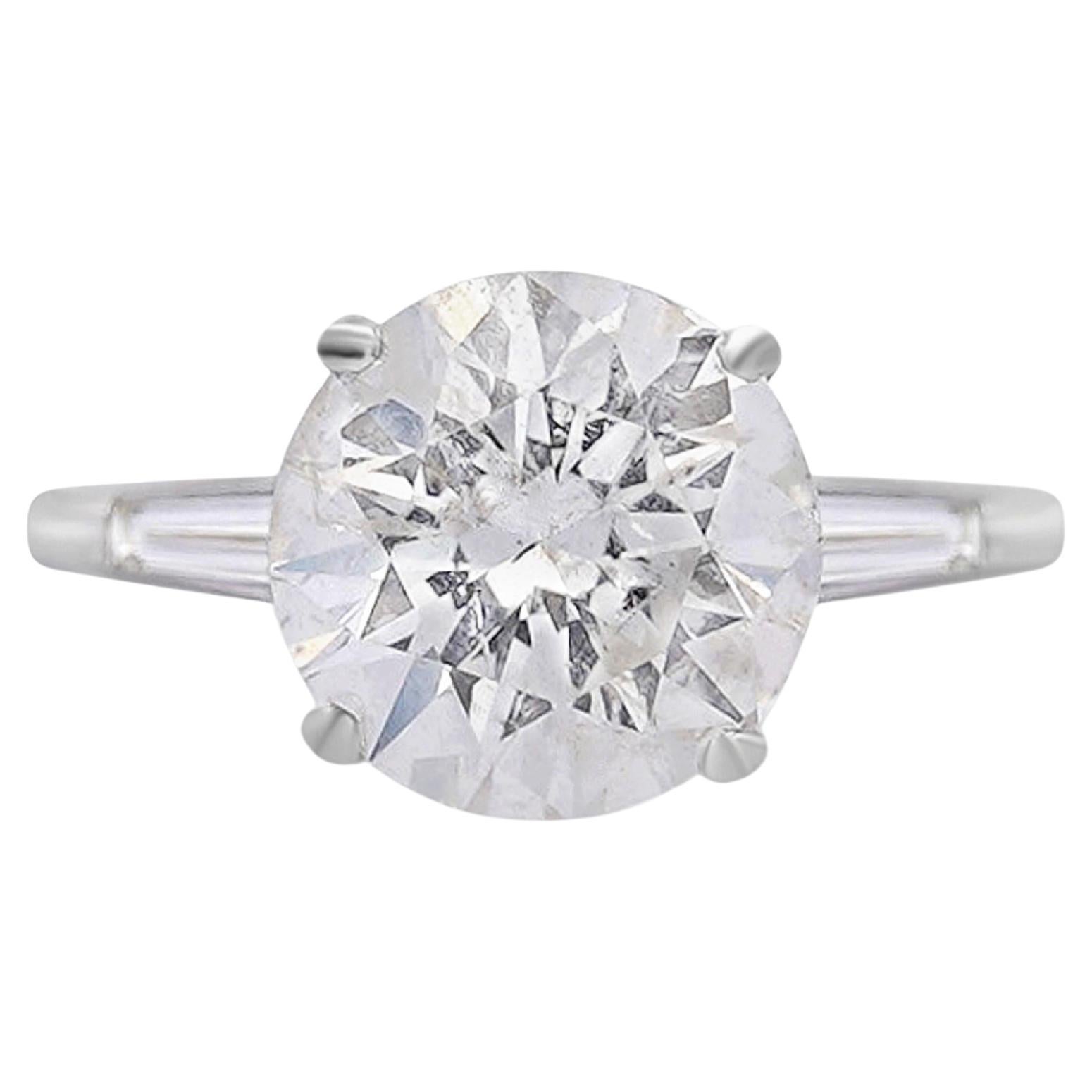 5.58 Carat G/I1 Round Cut Diamond & Baguette Side 3 Stone Engagement Ring