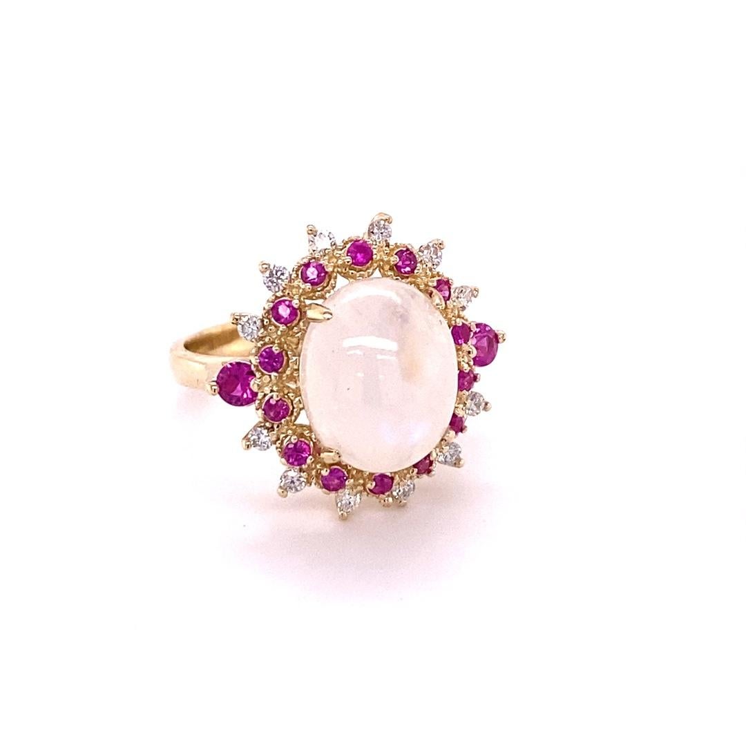 Contemporary 5.58 Carat Natural Moonstone Pink Sapphire Diamond Yellow Gold Cocktail Ring