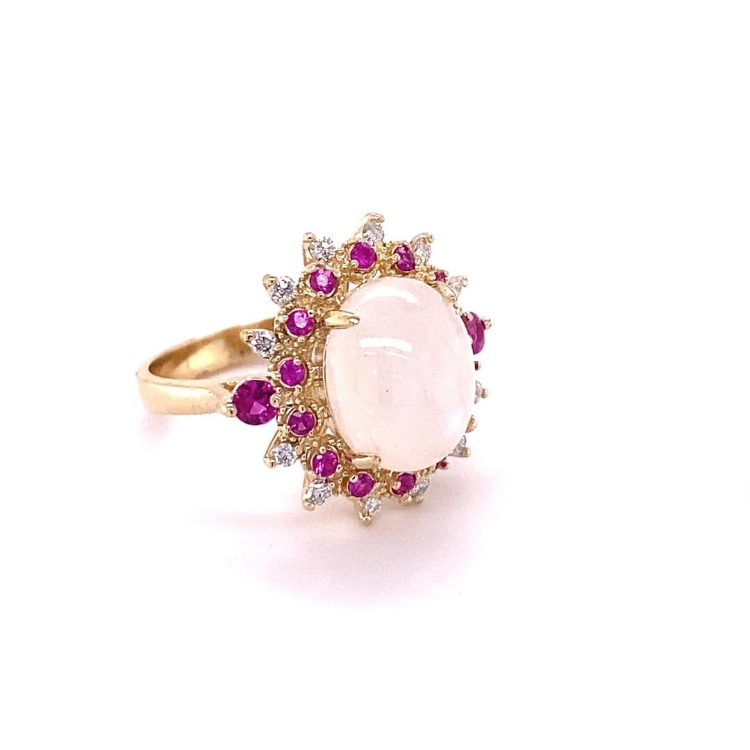 Oval Cut 5.58 Carat Natural Moonstone Pink Sapphire Diamond Yellow Gold Cocktail Ring For Sale