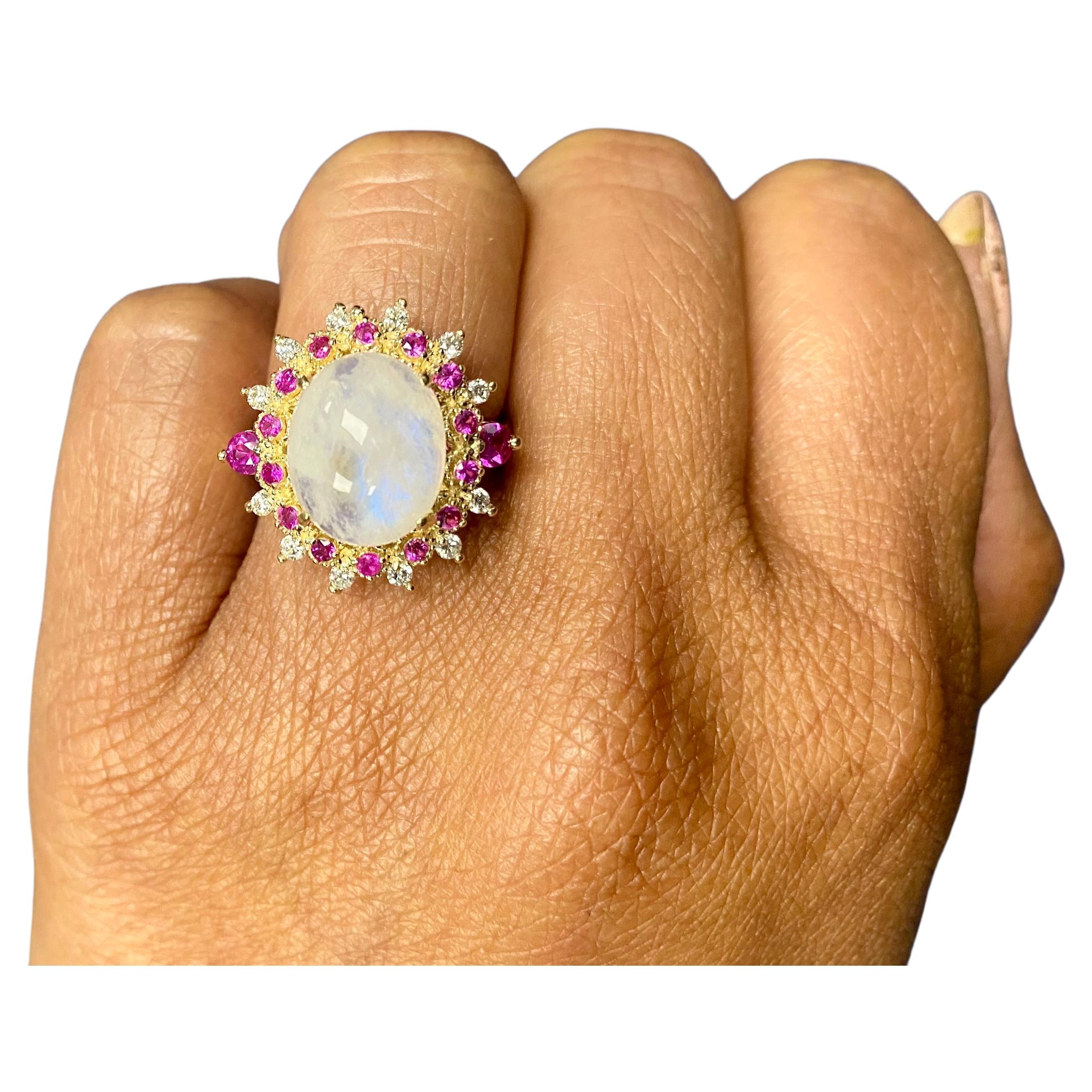 Women's 5.58 Carat Natural Moonstone Pink Sapphire Diamond Yellow Gold Cocktail Ring