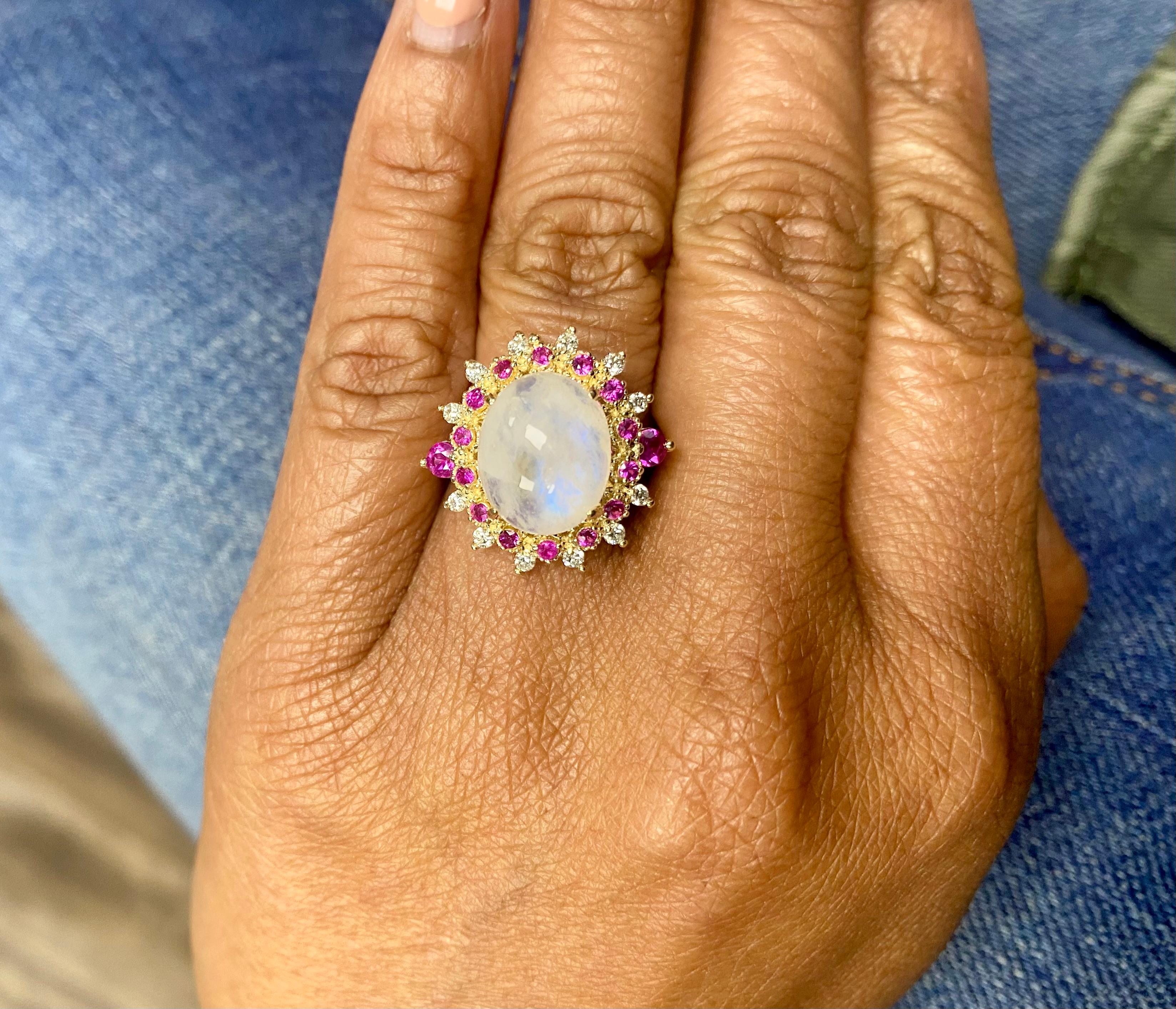 5.58 Carat Natural Moonstone Pink Sapphire Diamond Yellow Gold Cocktail Ring 1