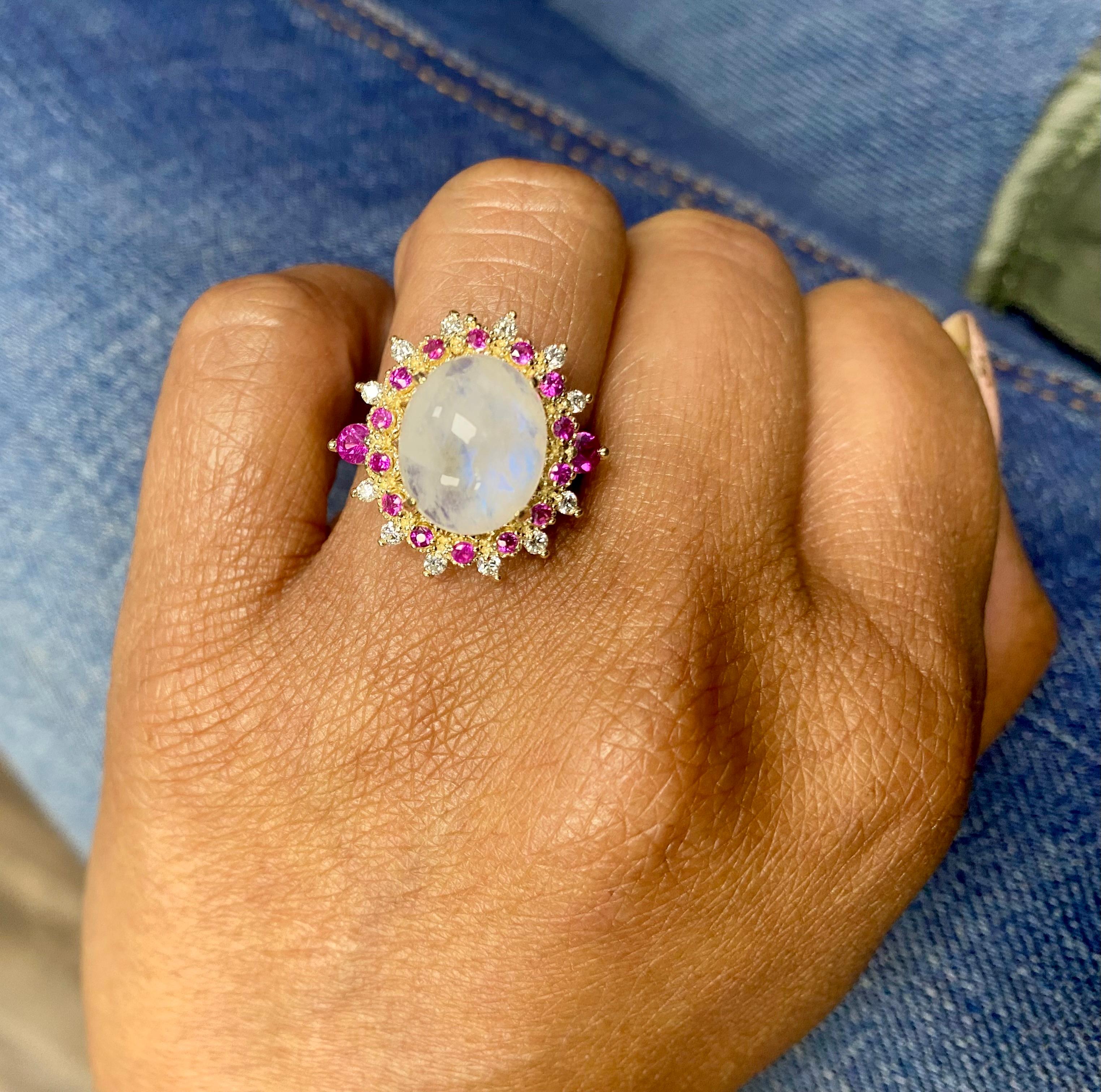 5.58 Carat Natural Moonstone Pink Sapphire Diamond Yellow Gold Cocktail Ring For Sale 2