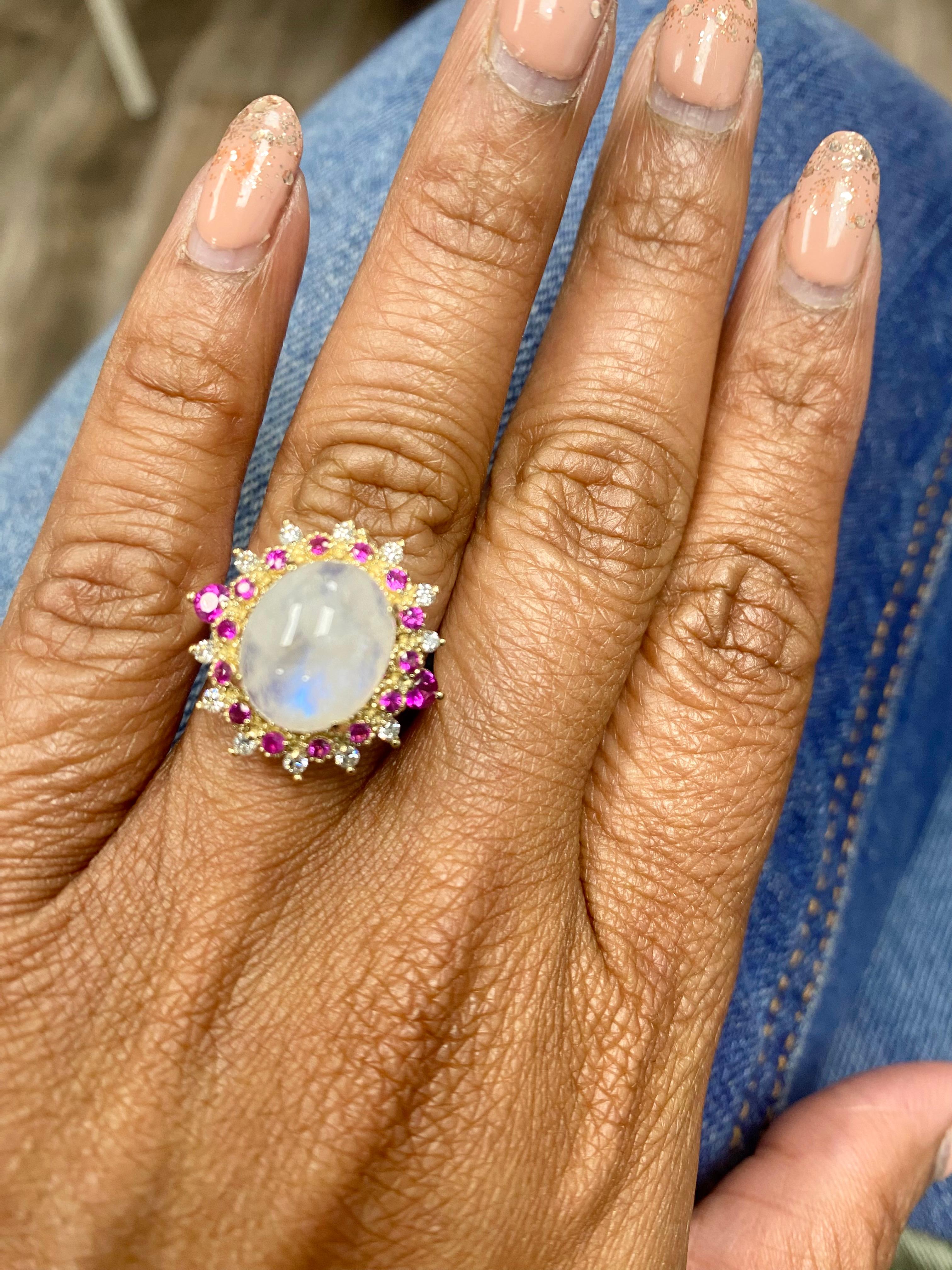 5.58 Carat Natural Moonstone Pink Sapphire Diamond Yellow Gold Cocktail Ring For Sale 3