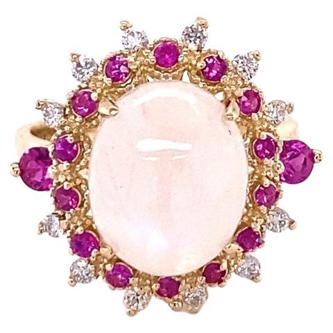 5.58 Carat Natural Moonstone Pink Sapphire Diamond Yellow Gold Cocktail Ring For Sale