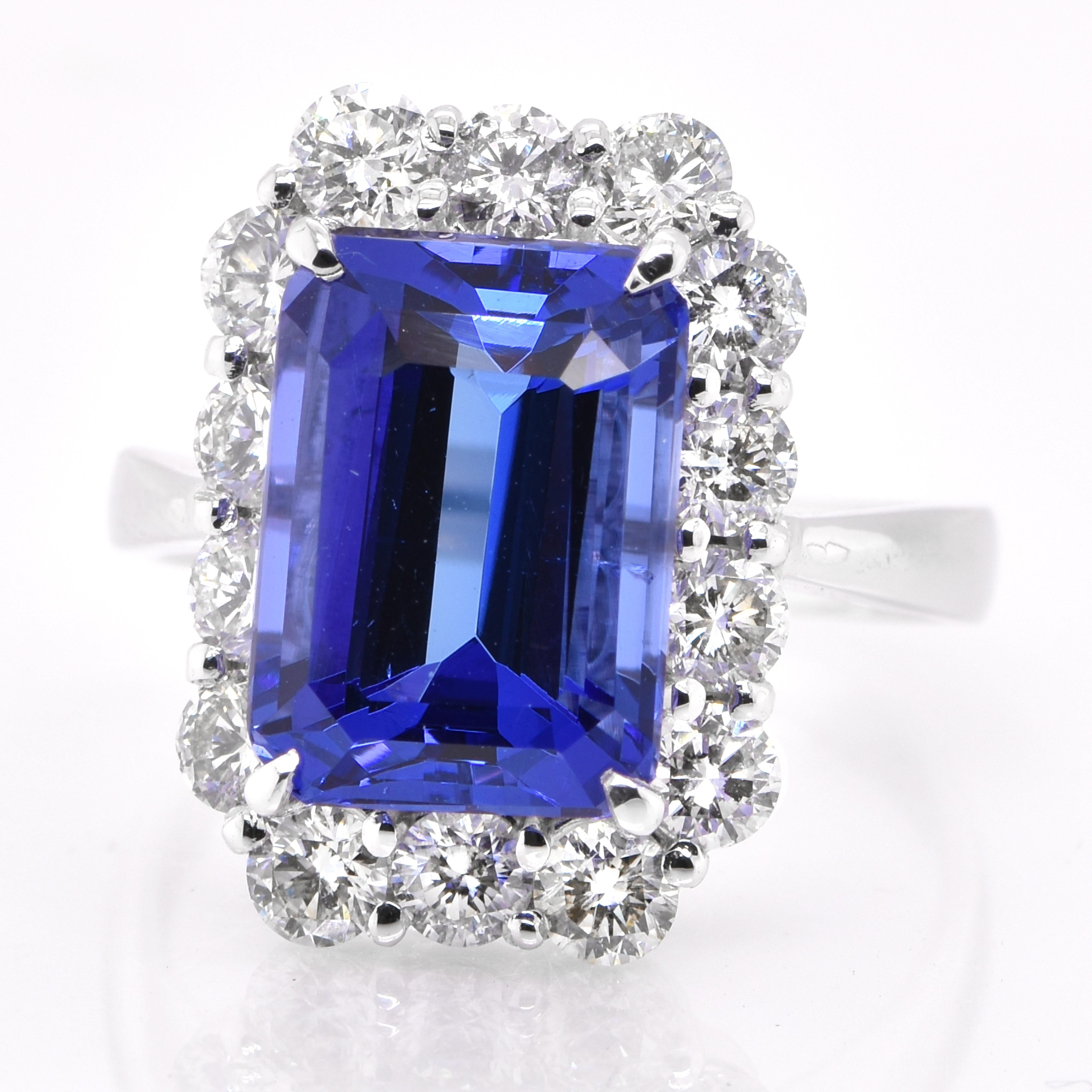 A beautiful ring featuring a 5.58 Carat Natural Tanzanite and 1.39 Carats Diamond Accents set in Platinum. Tanzanite's name was given by Tiffany and Co after its only known source: Tanzania. Tanzanite displays beautiful pleochroic colors meaning
