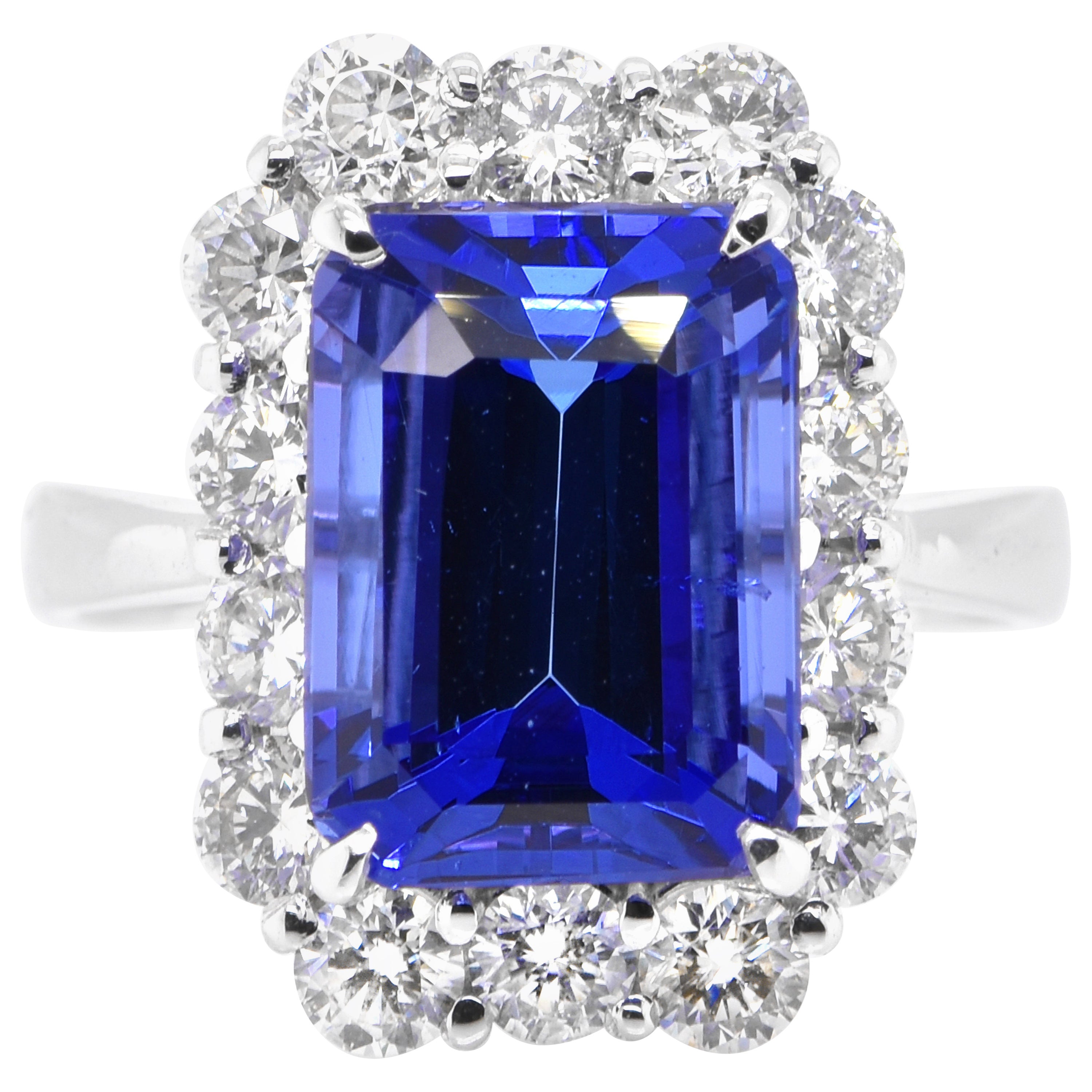 Anello da cocktail con tanzanite naturale Octogon e diamanti da 5,58 carati, incastonato in platino