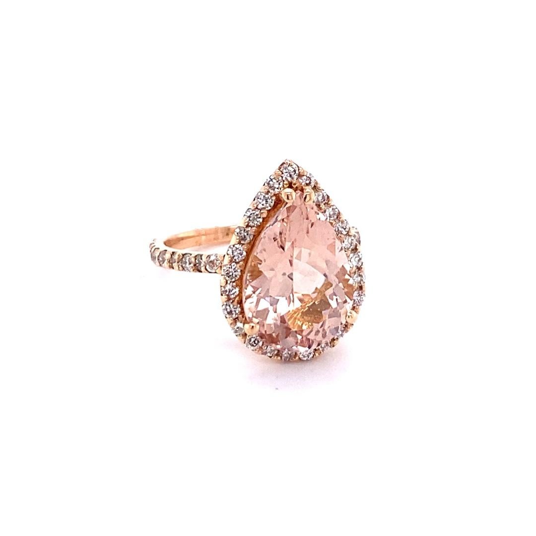 Contemporary 5.58 Carat Pear Cut Morganite Halo Diamond Rose Gold Engagement Ring For Sale