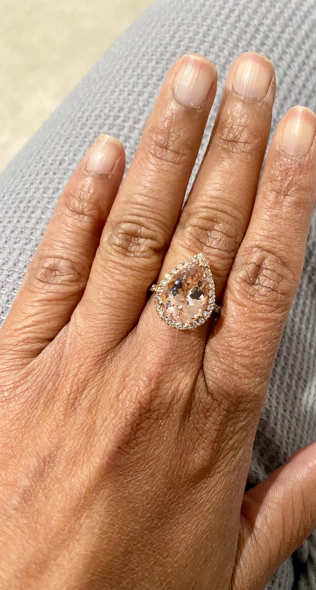 Women's 5.58 Carat Pear Cut Morganite Halo Diamond Rose Gold Engagement Ring For Sale