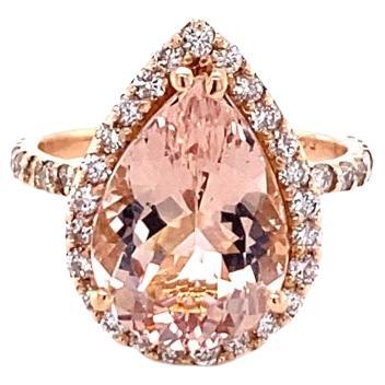 5.58 Carat Pear Cut Morganite Halo Diamond Rose Gold Engagement Ring