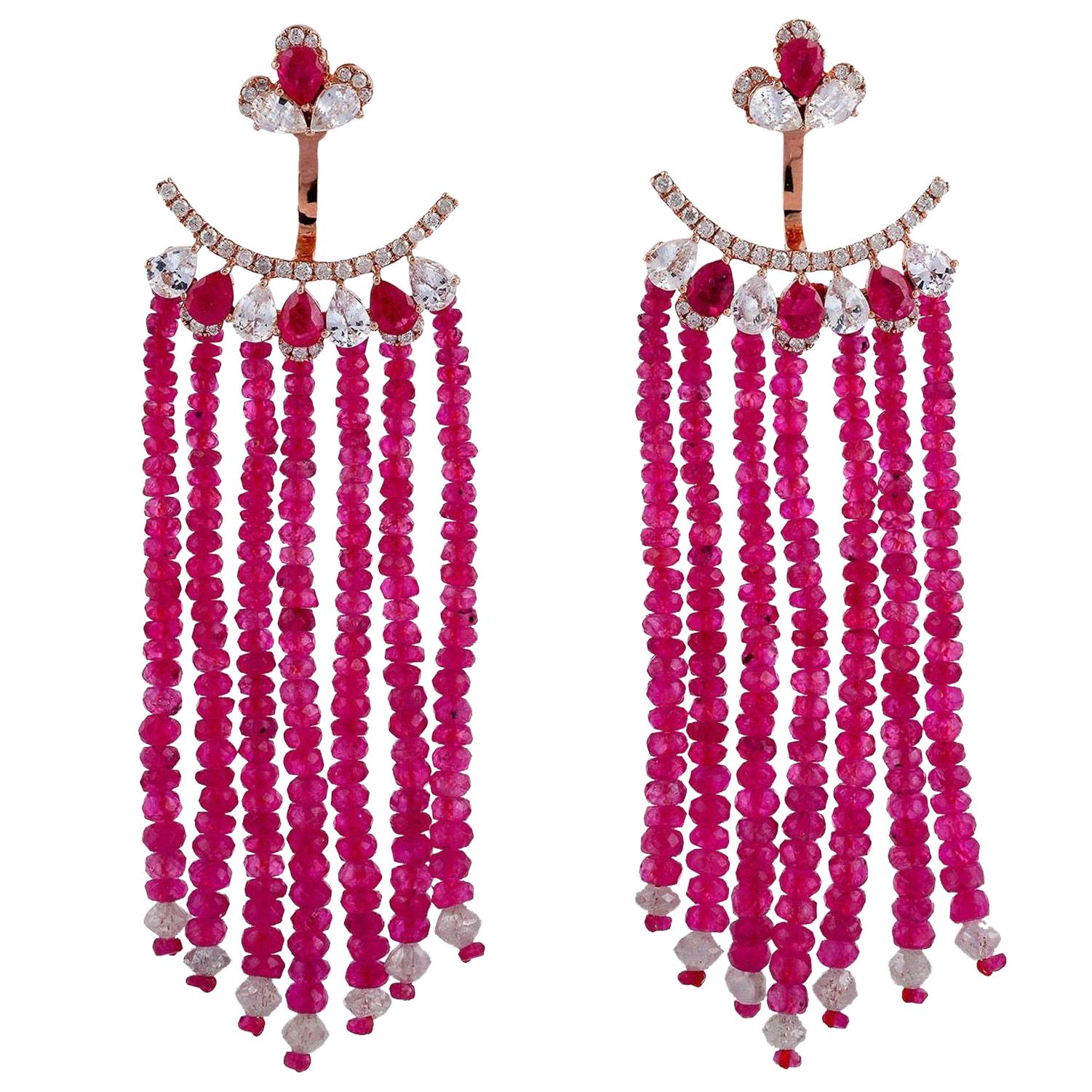 55.81 Carat Ruby Diamond Sapphire 18 Karat Gold Earrings For Sale