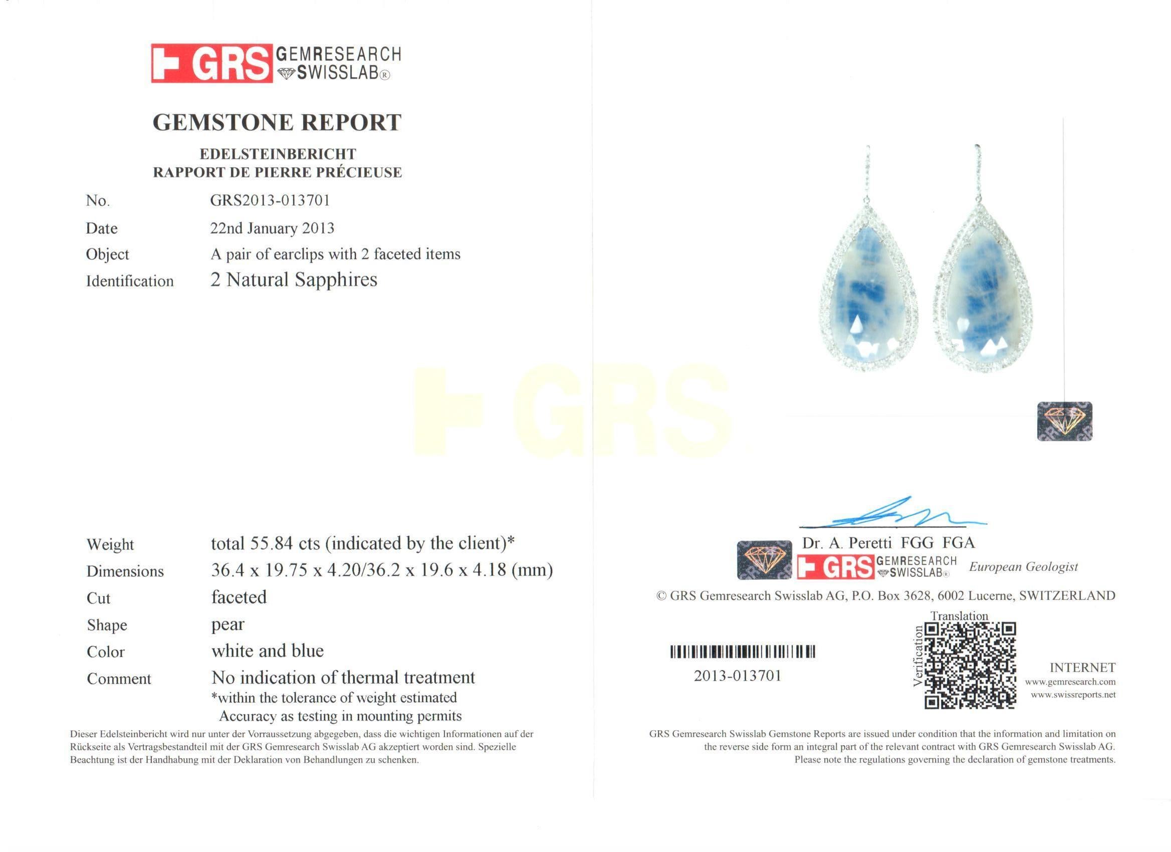 55.84 Carat GRS Certified Unheated White/Blue Sapphire and Diamond Gold Earrings For Sale 1