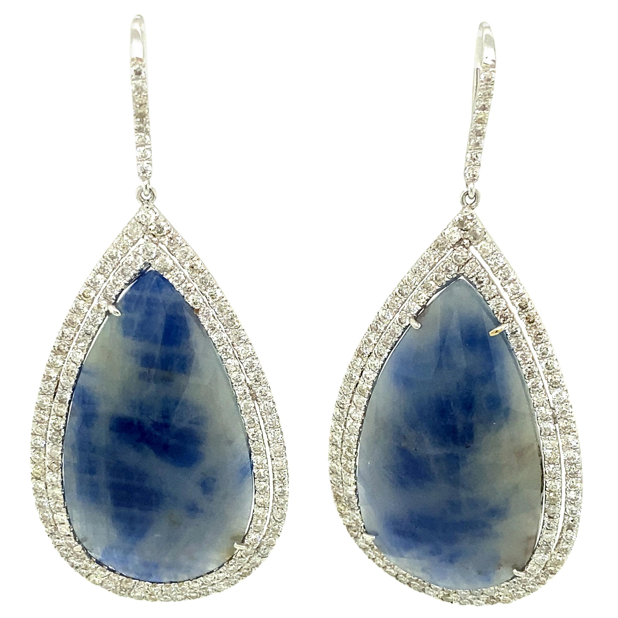 55.84 Carat GRS Certified Unheated White/Blue Sapphire and Diamond Gold Earrings For Sale