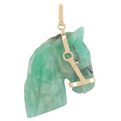 55.84ct Hand Carved Colombian Emerald Horse Pendant 14K Gold Bridle, Rough