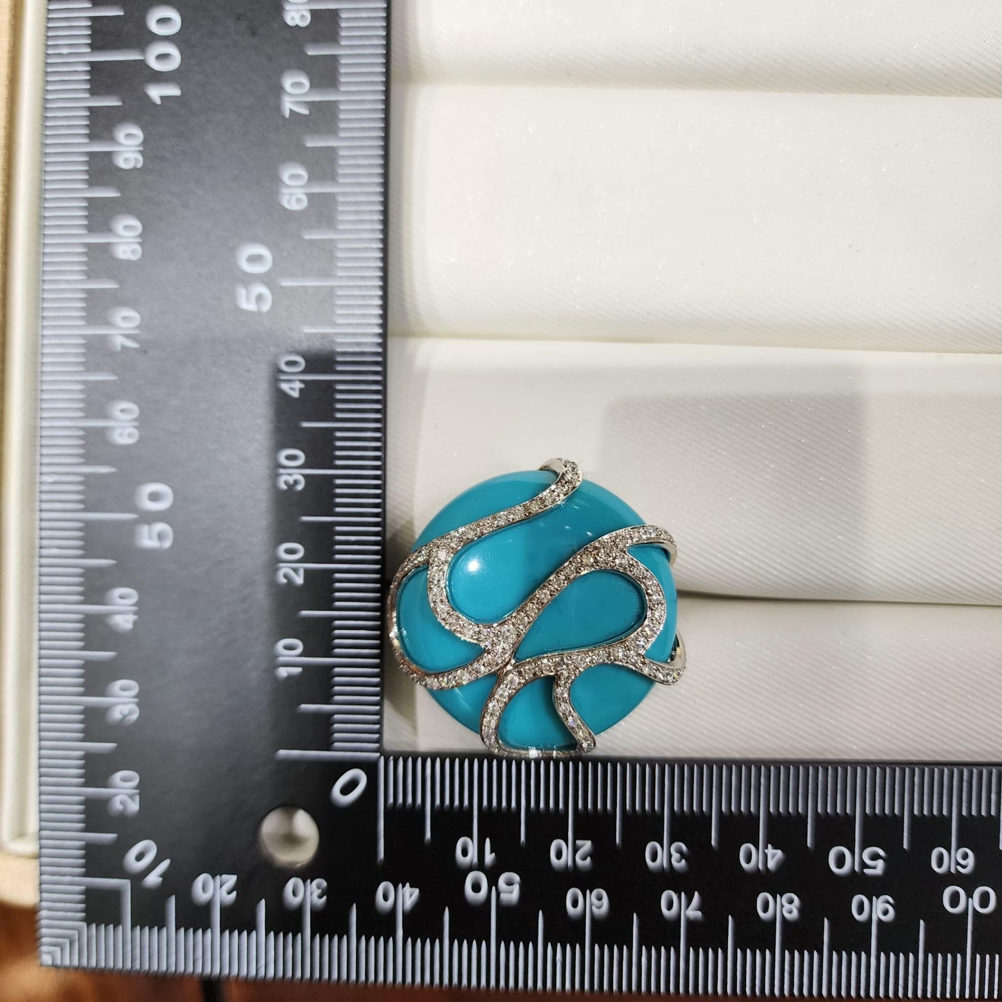Cushion Cut 55.85Ct Huge Sleeping Beauty Turquoise Ring with Diamonds in 14K White Gold For Sale