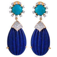55.88 Carat Carved Lapis Lazuli Turquoise Diamond 18 Karat Gold Drop Earrings