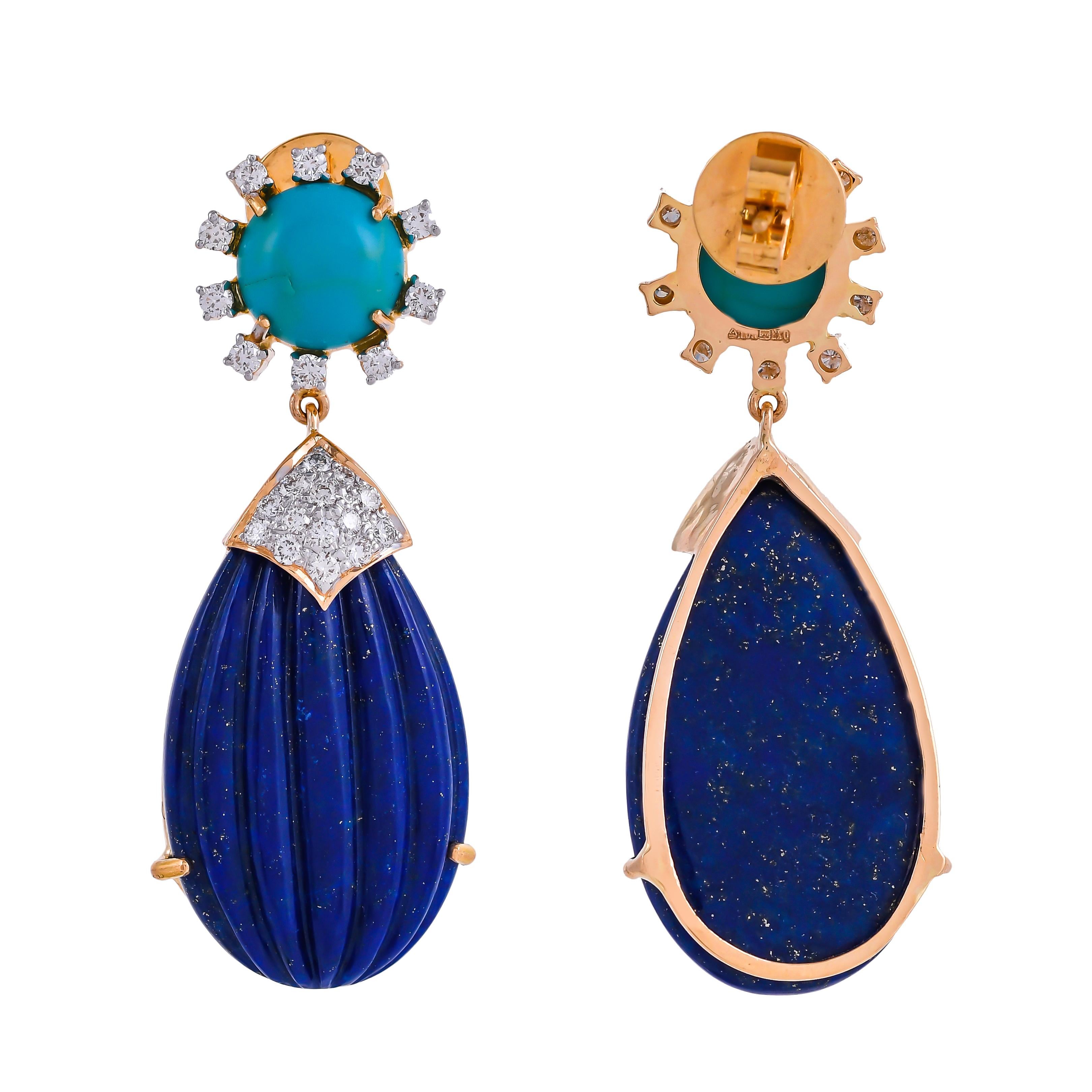 Modern 55.88 Carat Carved Lapis Lazuli Turquoise Diamond 18 Karat Gold Drop Earrings