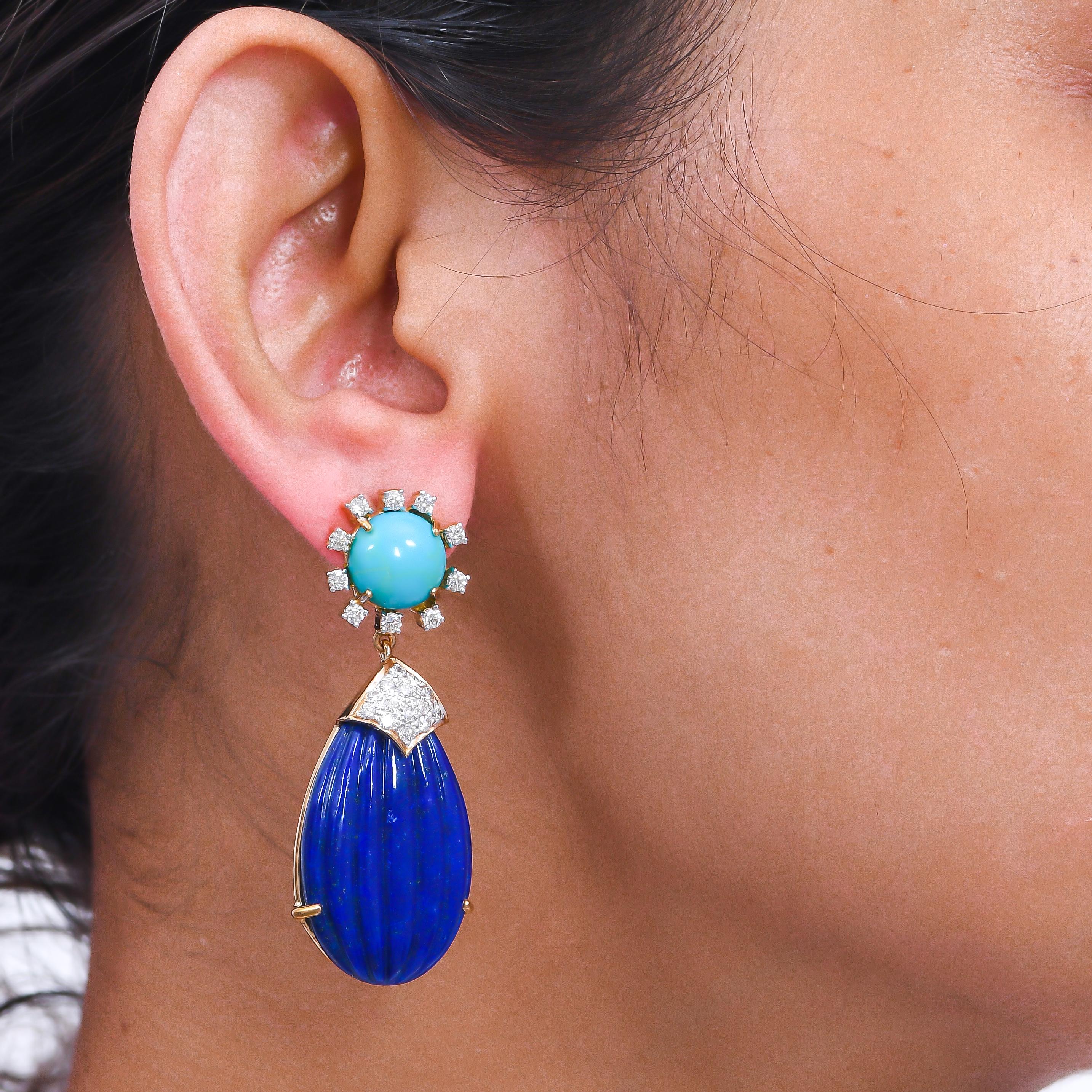 55.88 Carat Carved Lapis Lazuli Turquoise Diamond 18 Karat Gold Drop Earrings In New Condition In Jaipur, Jaipur