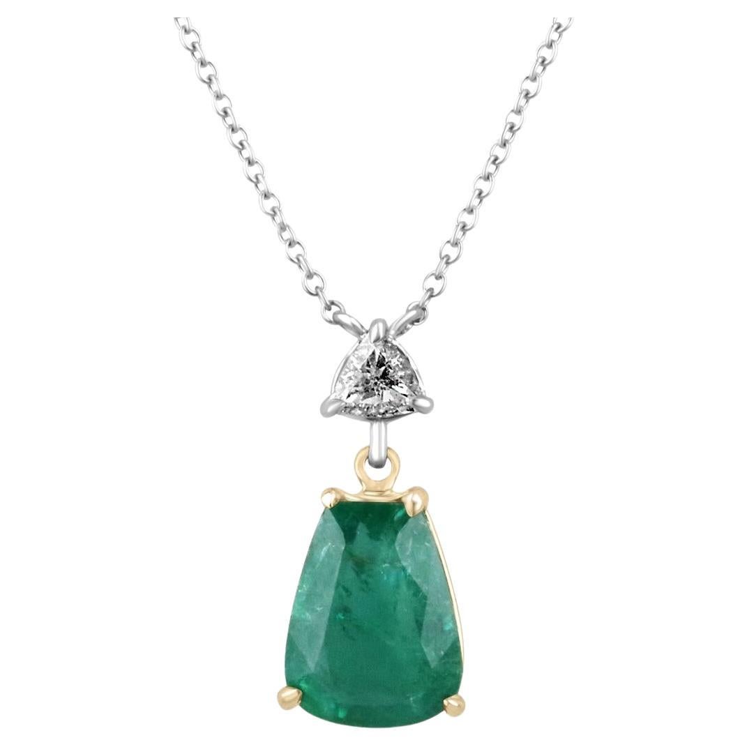 5.58tcw 18K Irregular Cut Emerald & Trillion Cut Diamond Accent Pendant Necklace For Sale