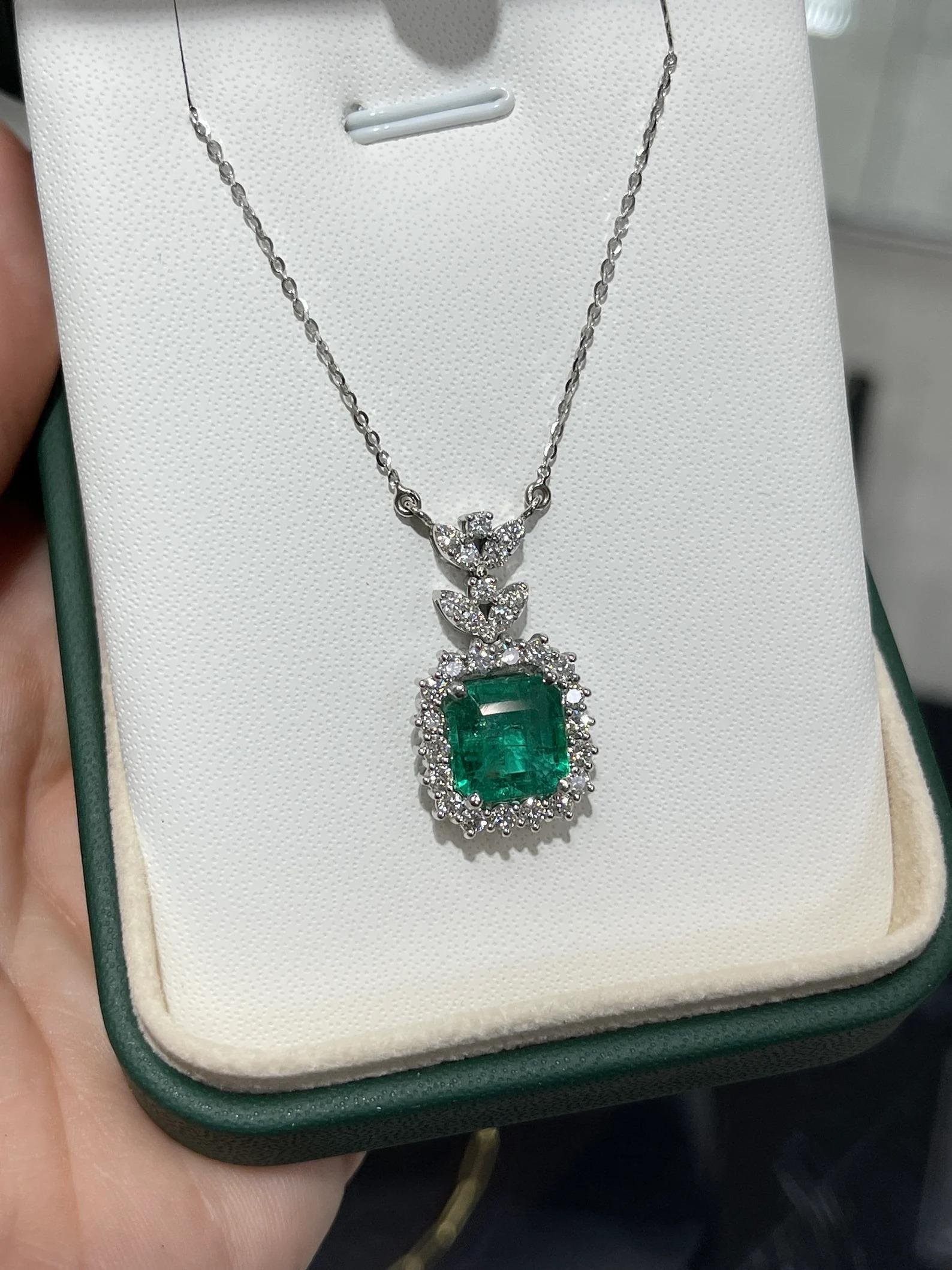 5.58tcw Natural Emerald-Asscher Cut & Diamond Halo White Gold Necklace 18K In New Condition For Sale In Jupiter, FL