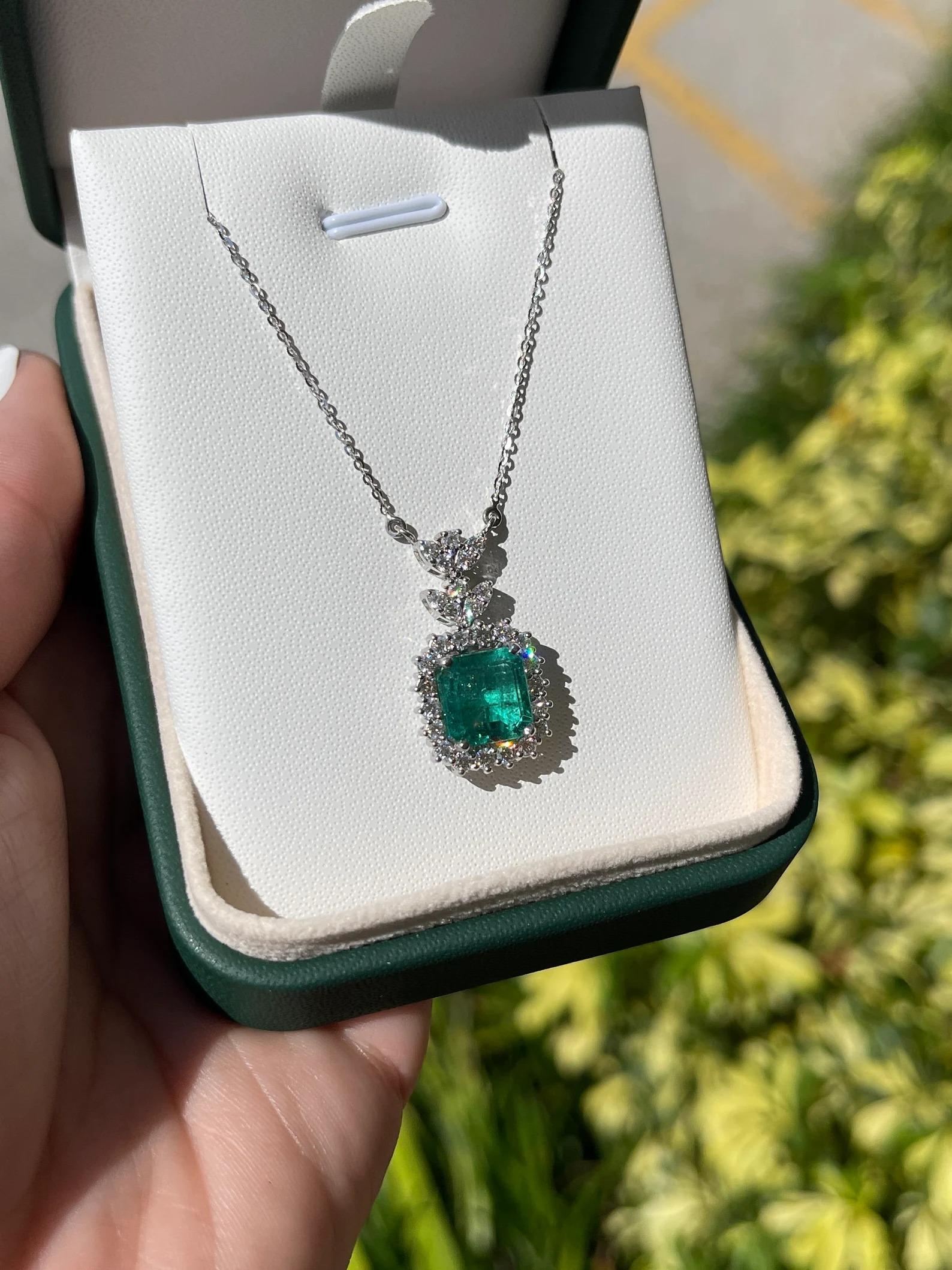Women's 5.58tcw Natural Emerald-Asscher Cut & Diamond Halo White Gold Necklace 18K For Sale