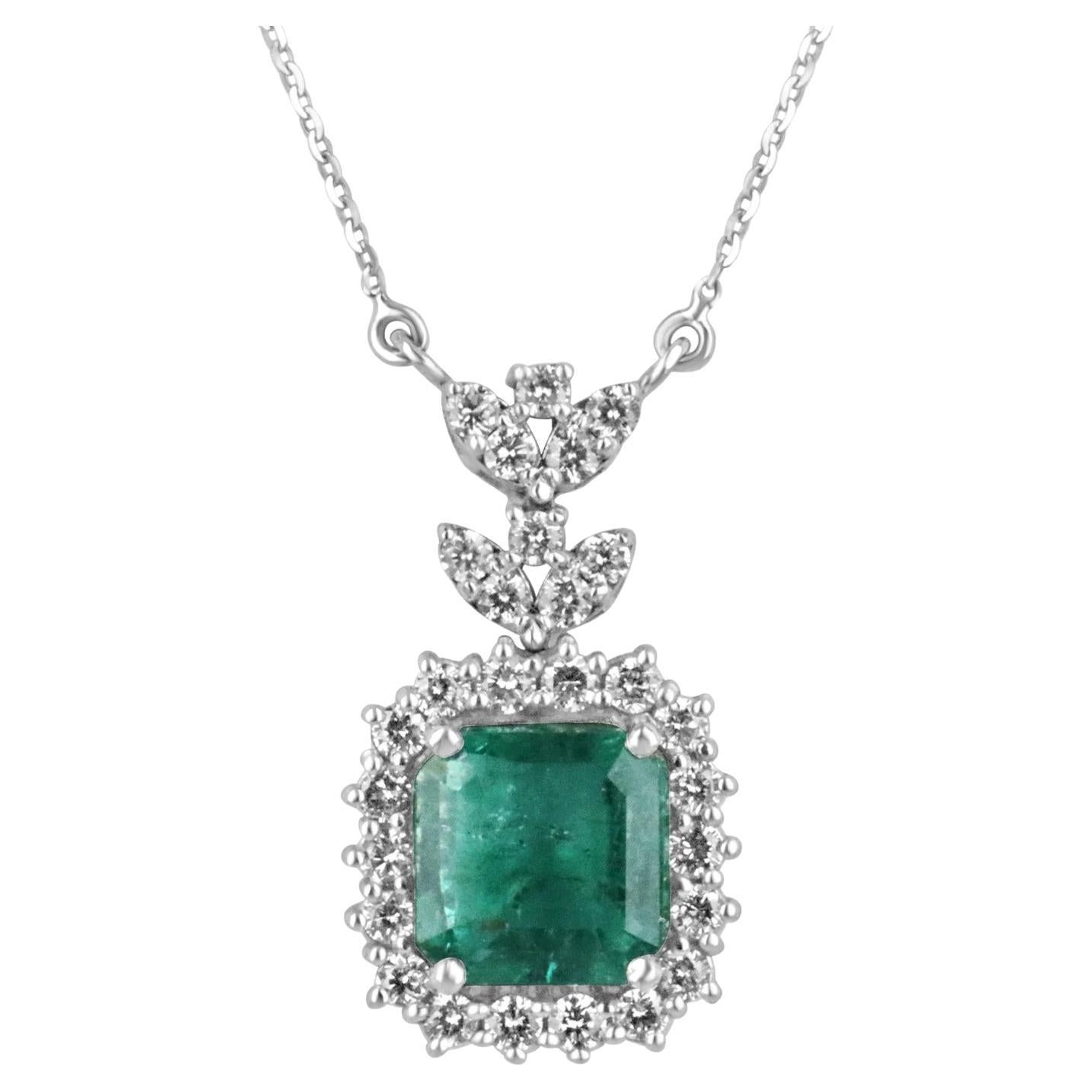 5.58tcw Natural Emerald-Asscher Cut & Diamond Halo White Gold Necklace 18K For Sale