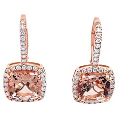 5.59 Carat Morganite Drop Earrings with Halo Diamonds 0.62 Ct in 14K Rose Gold