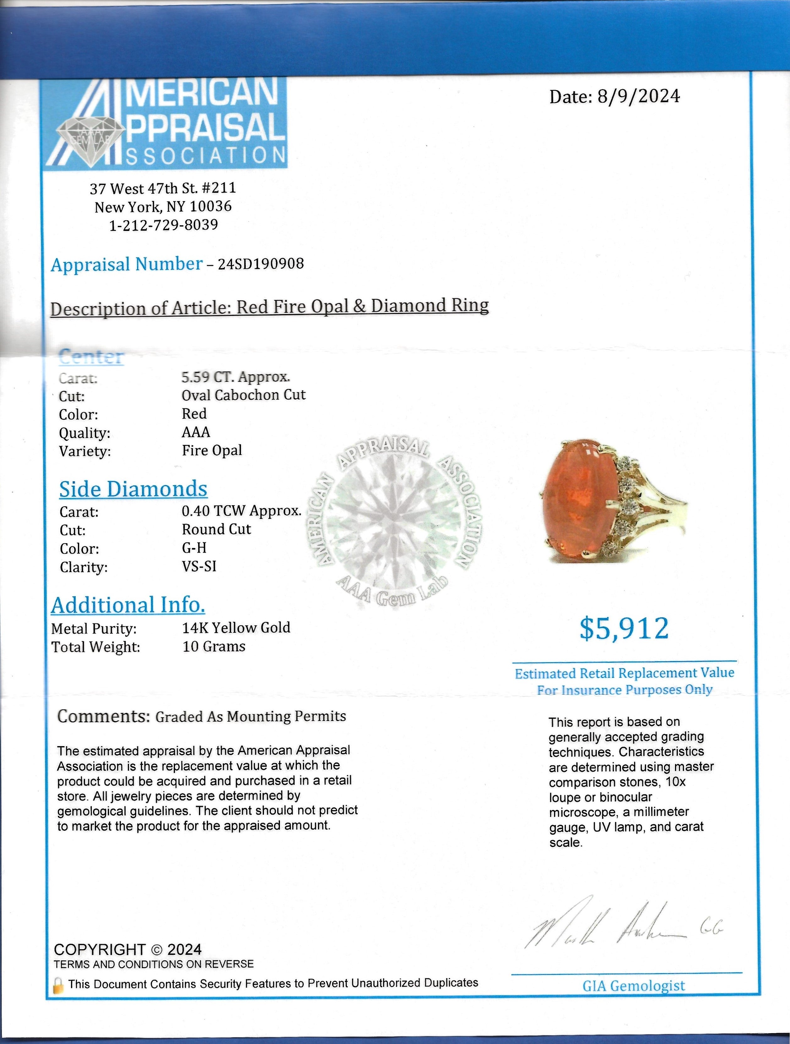 5.59 Carat Oval Cabochon Red Fire Opal and Diamond Ring in 14 Karat Yellow Gold For Sale 6