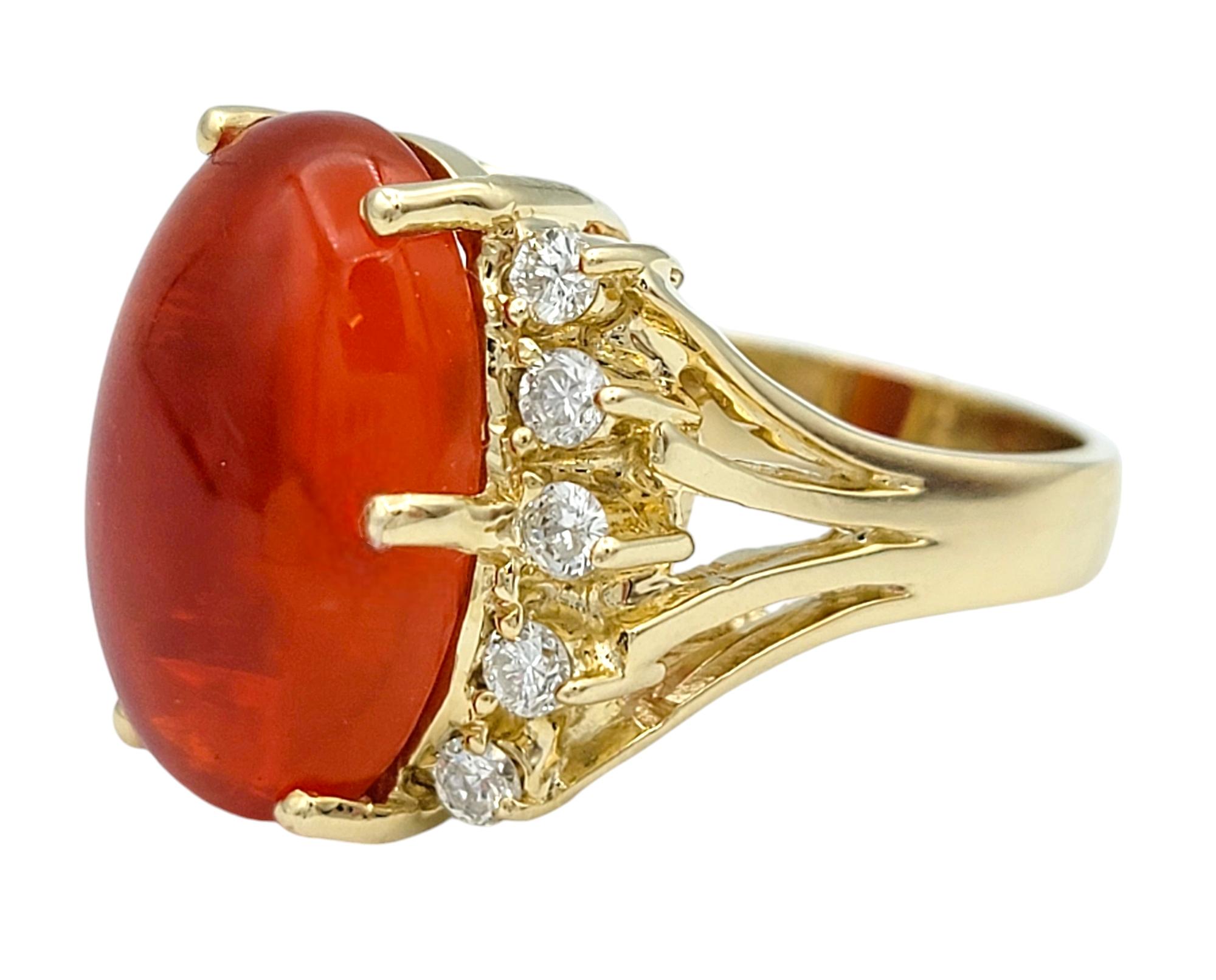 5.59 Carat Oval Cabochon Red Fire Opal and Diamond Ring in 14 Karat Yellow Gold In Good Condition For Sale In Scottsdale, AZ