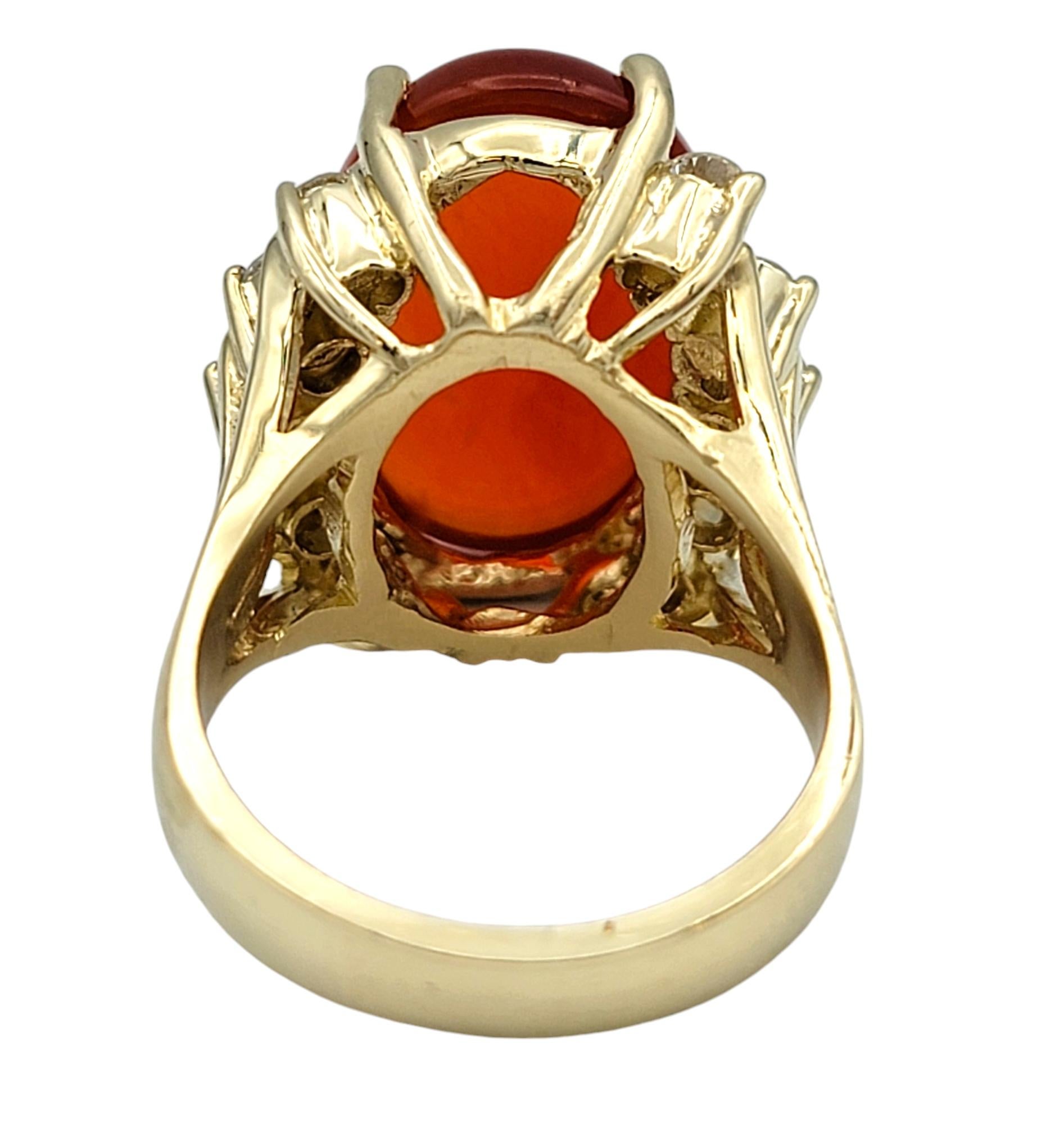 Women's 5.59 Carat Oval Cabochon Red Fire Opal and Diamond Ring in 14 Karat Yellow Gold For Sale