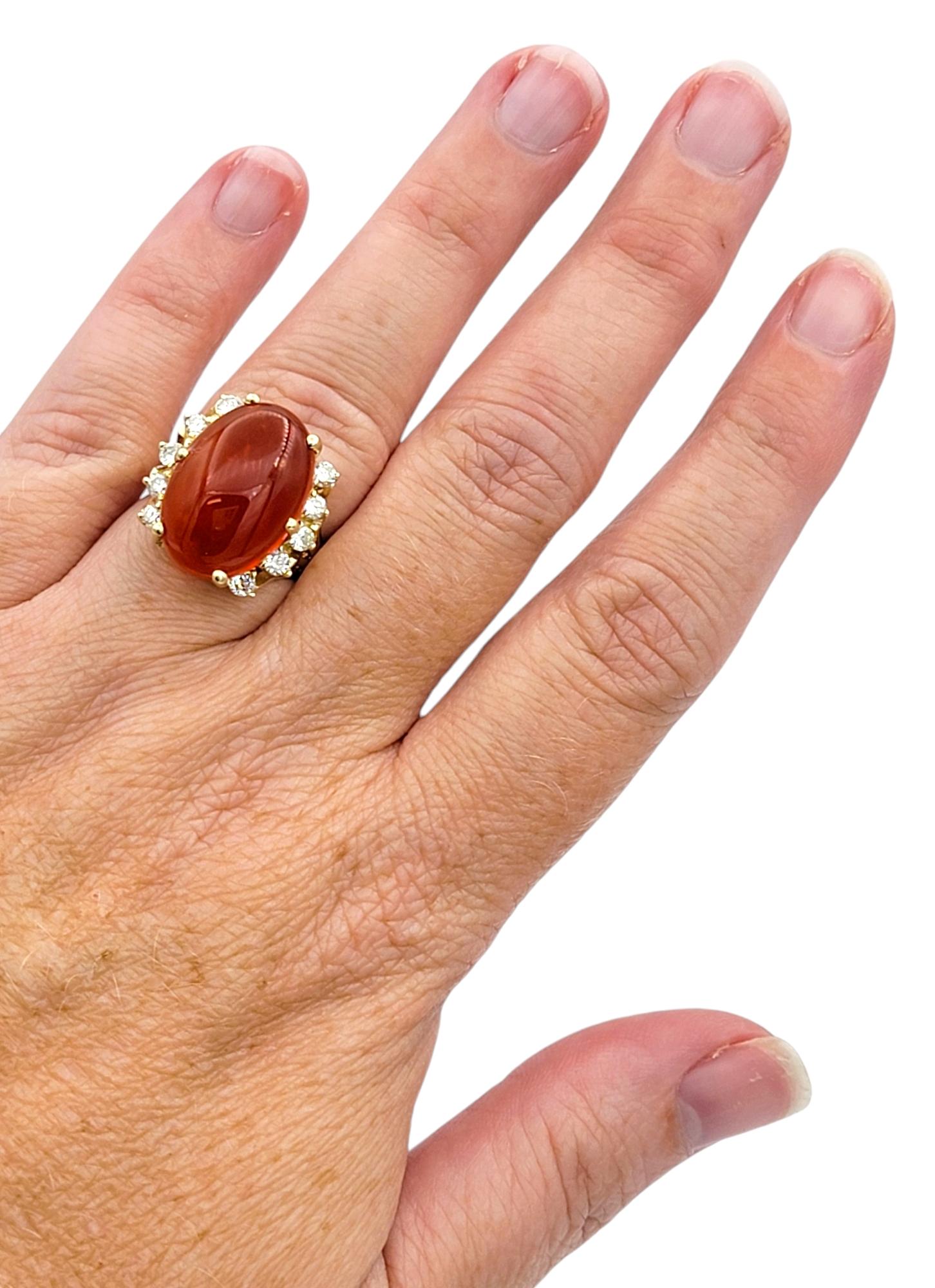 5.59 Carat Oval Cabochon Red Fire Opal and Diamond Ring in 14 Karat Yellow Gold For Sale 2