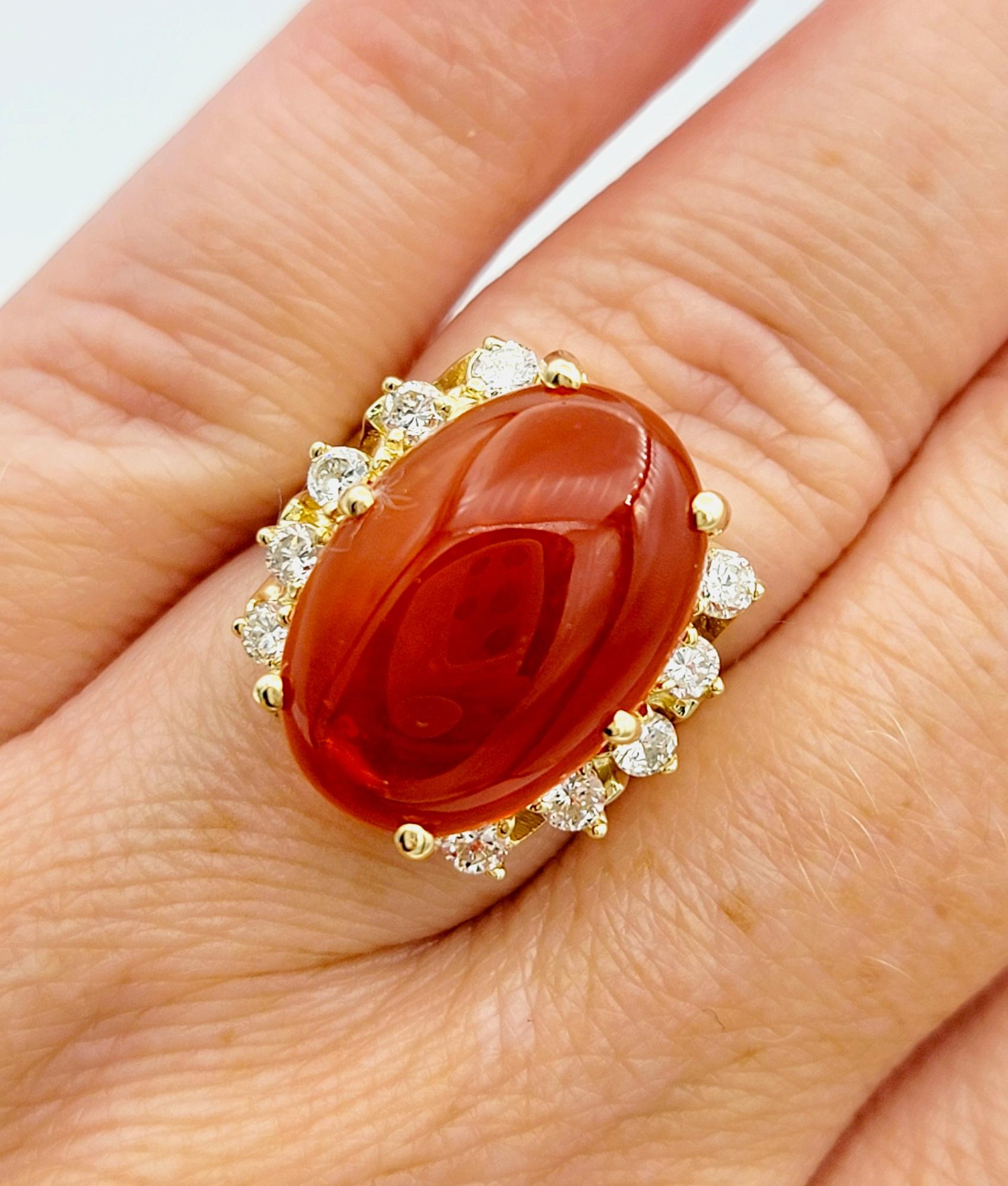 5.59 Carat Oval Cabochon Red Fire Opal and Diamond Ring in 14 Karat Yellow Gold For Sale 3