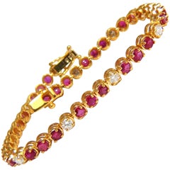 5.59 Carat Vivid Red Natural Ruby Diamonds Alternating Tennis Bracelet 14 Karat